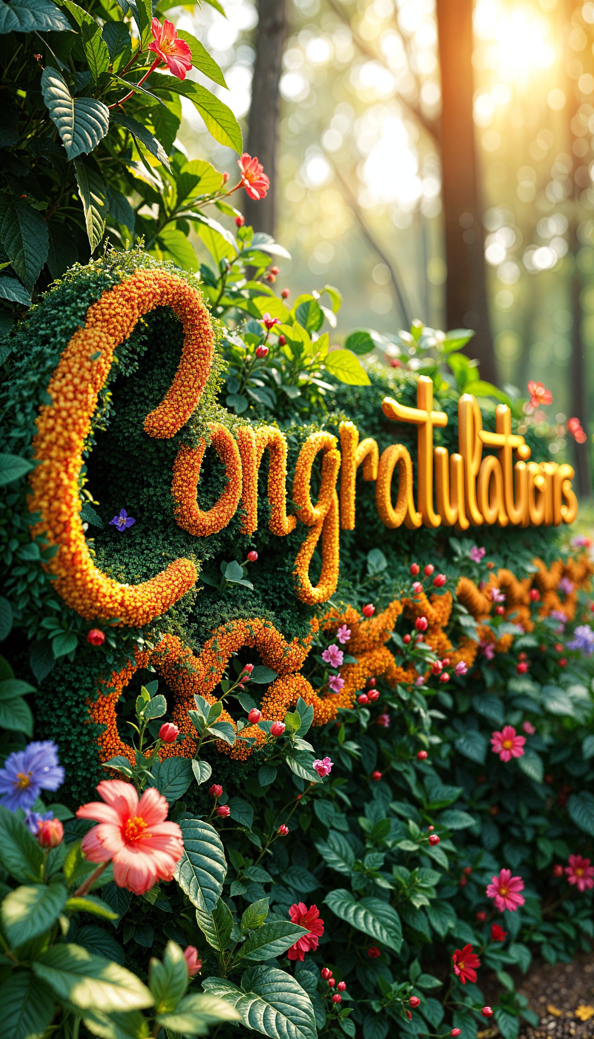 A vibrant phone wallpaper featuring the text Congratulations crafted from flowers, surrounded by lush greenery and colorful blooms, creating a cheerful and celebratory atmosphere.