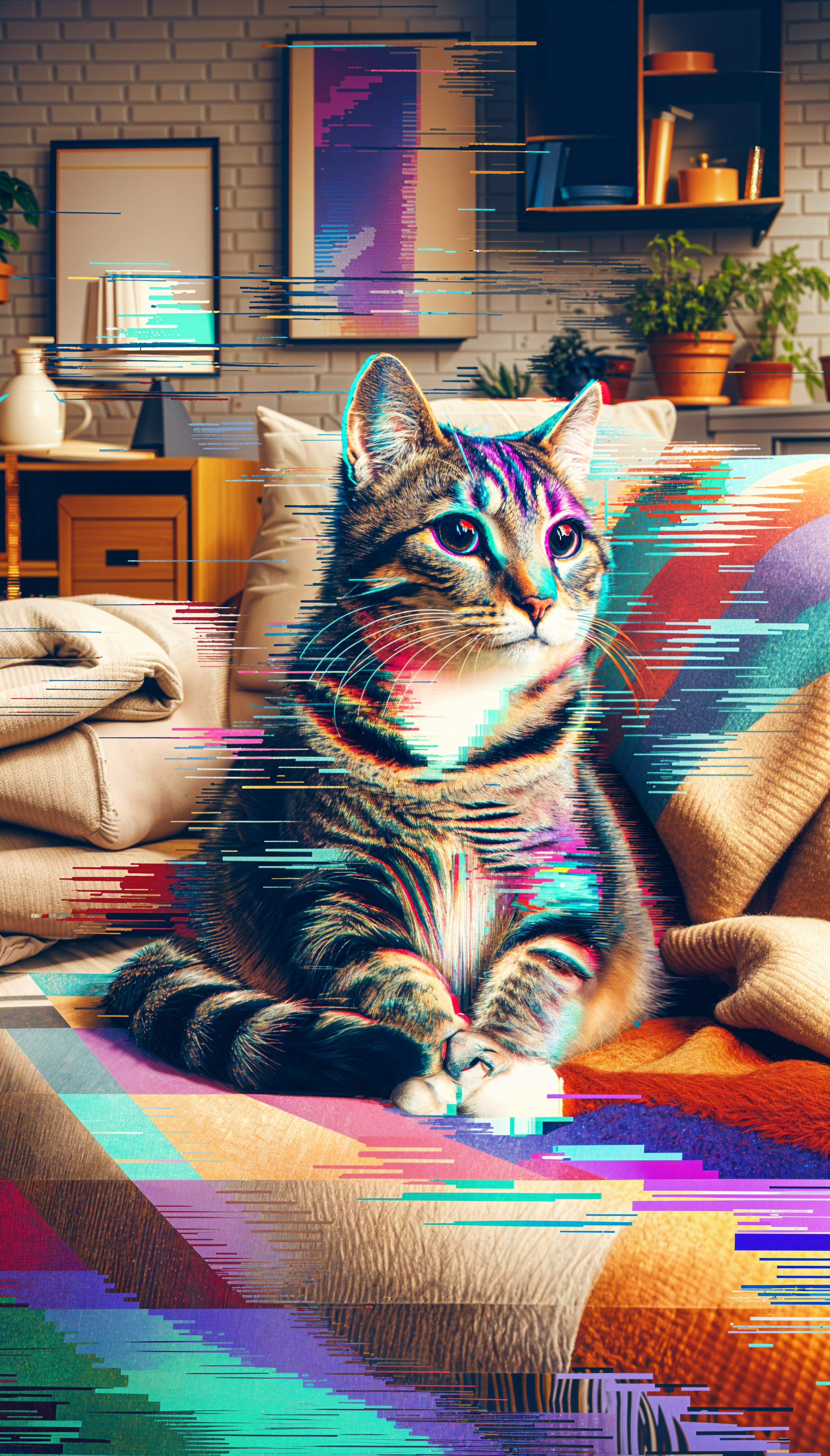 A stylish cat sits on a colorful blanket, surrounded by a cozy room filled with plants and modern decor. This vibrant image serves as a trendy phone wallpaper.