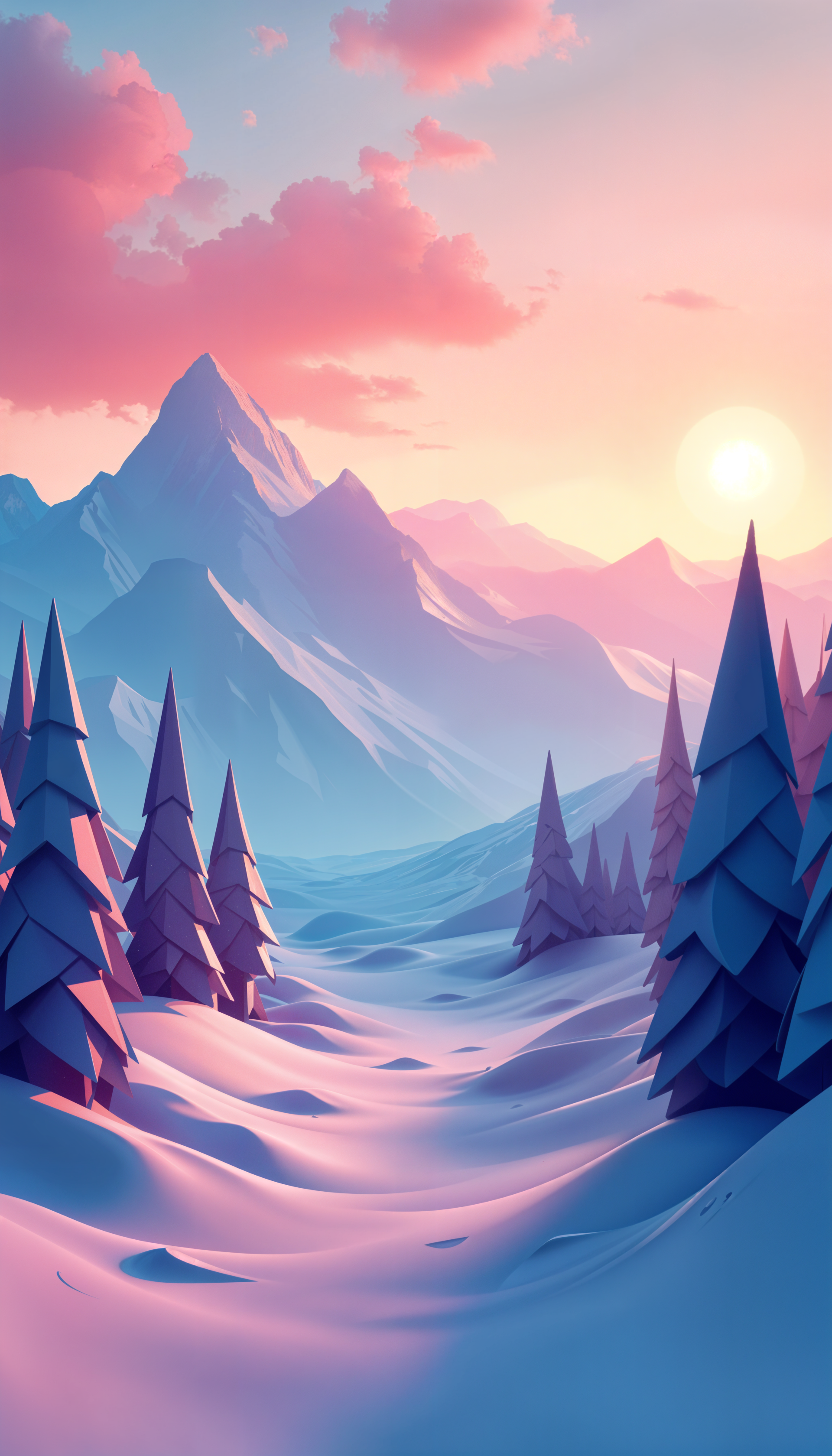 A serene winter landscape featuring snow-covered hills, tall evergreen trees, and a vibrant sunrise illuminating distant mountains, creating a peaceful and dreamy atmosphere.