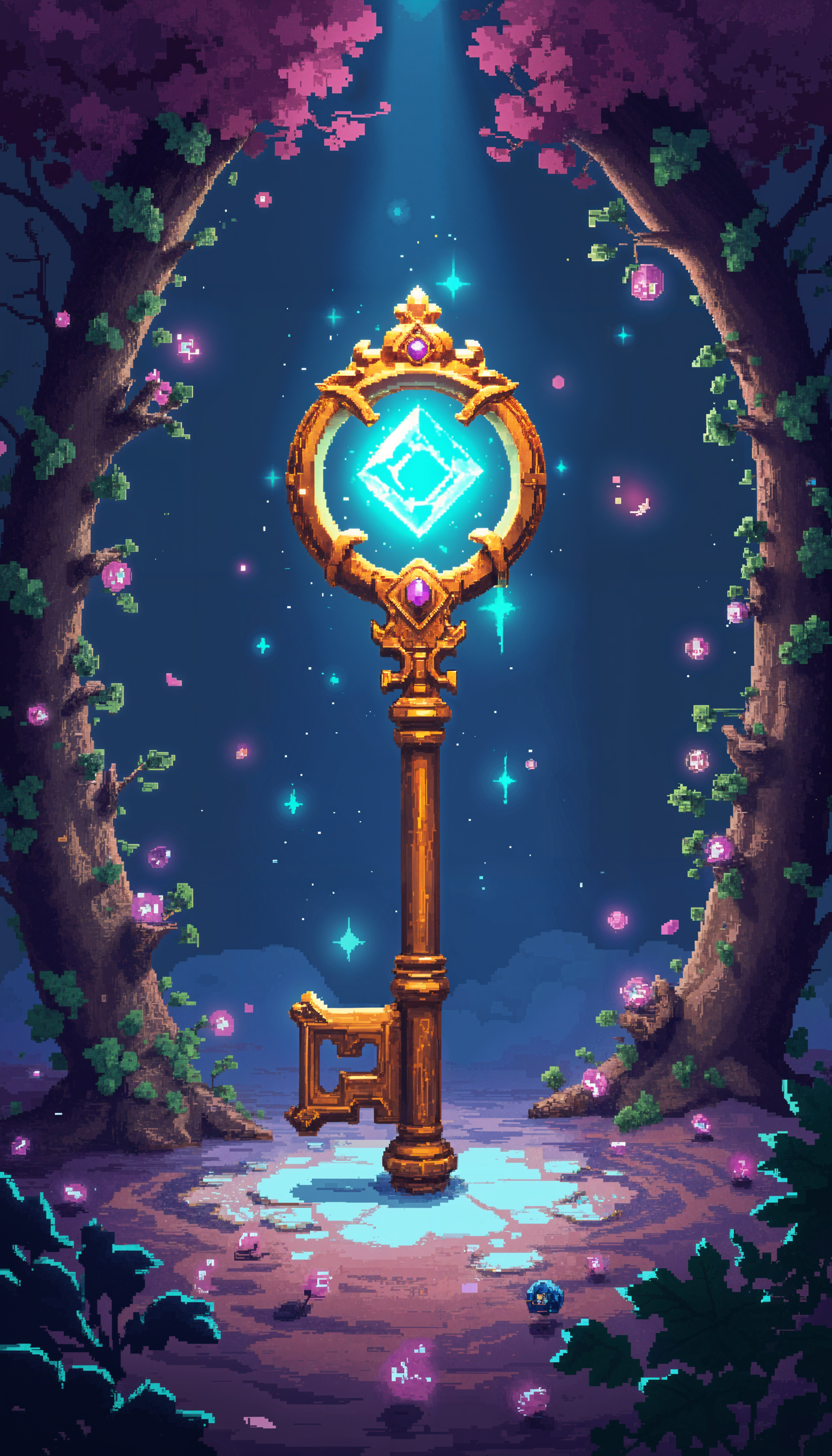 A mystical key adorned with gems stands in a magical clearing, surrounded by glowing orbs and vibrant foliage, creating an enchanting phone wallpaper.