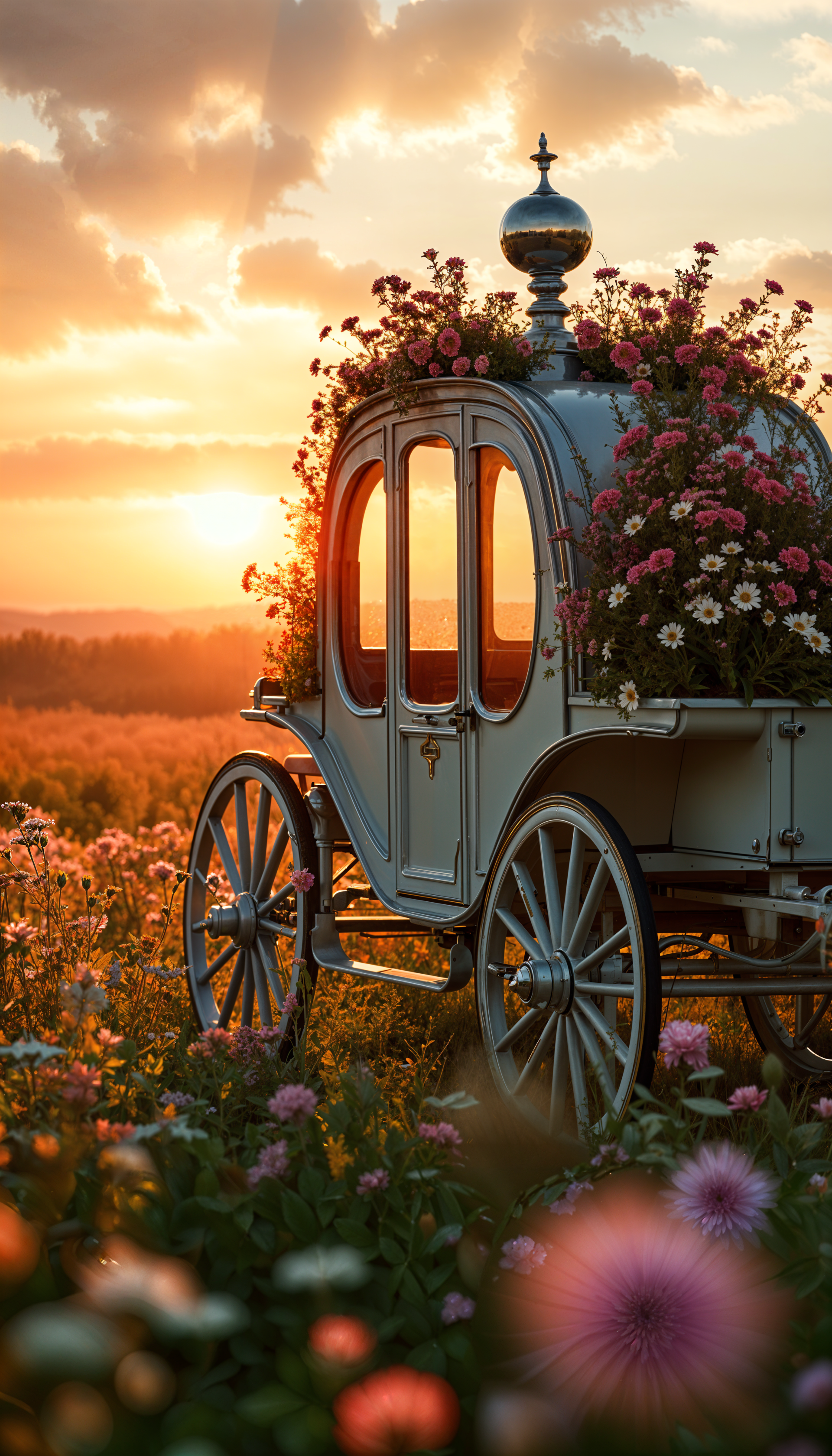 A vintage carriage adorned with colorful flowers sits in a blooming field at sunset, creating a serene and picturesque phone wallpaper.