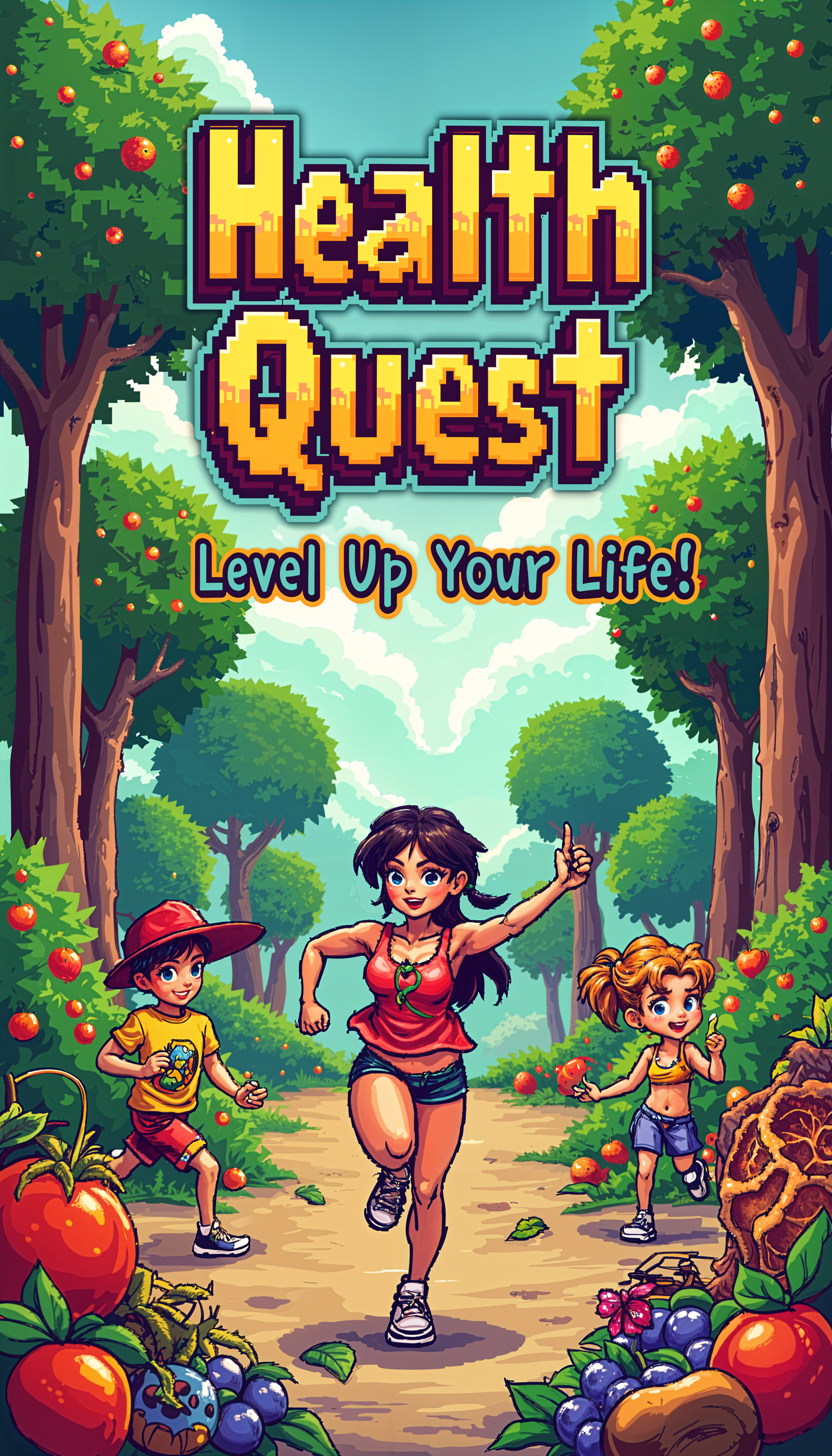 A vibrant phone wallpaper titled Health Quest featuring colorful cartoon characters running along a path surrounded by trees and colorful fruits, promoting a fun approach to health.