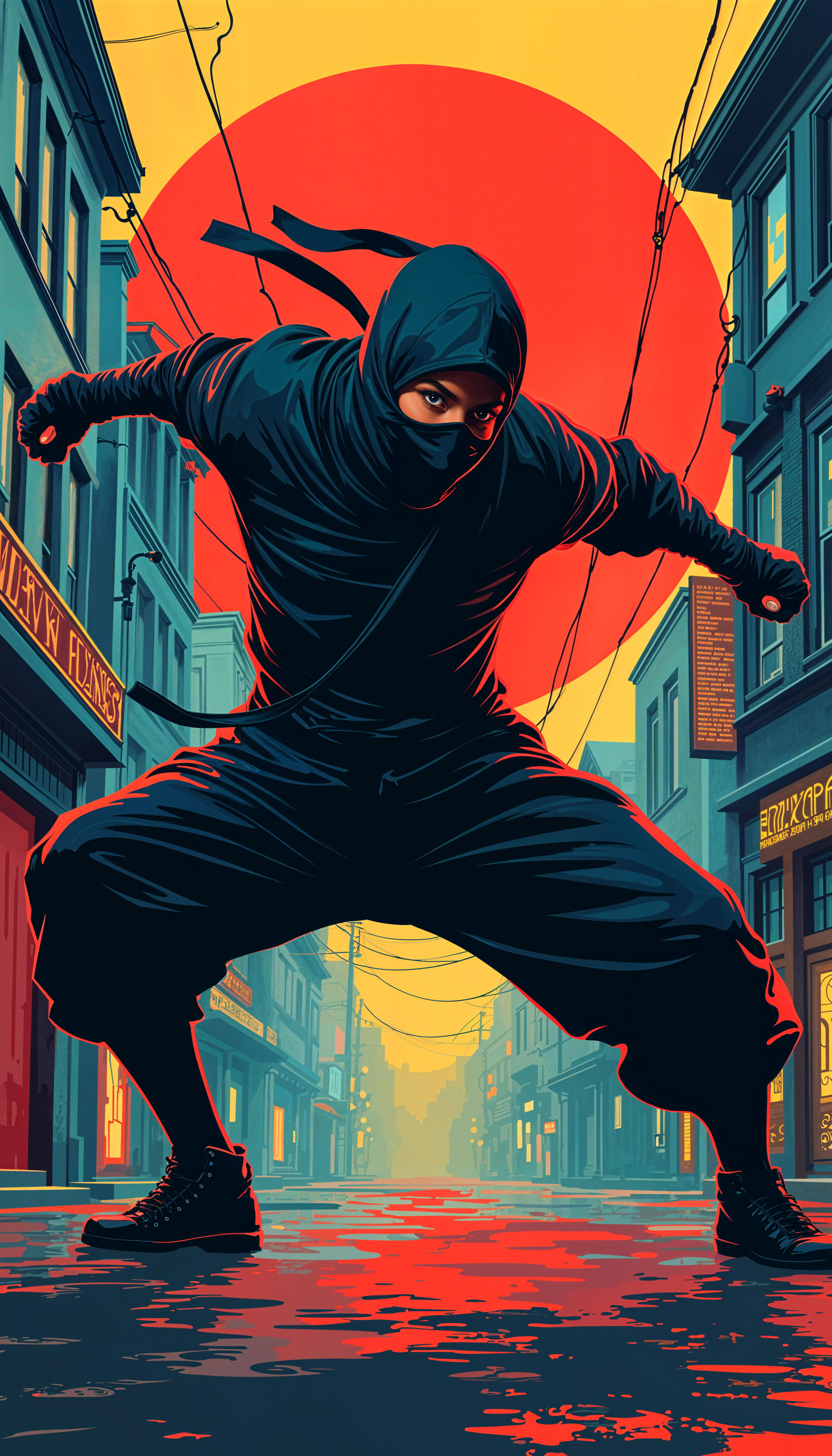 A striking phone wallpaper featuring a ninja in a dynamic pose, set against a vibrant red sun and urban backdrop, capturing a bold and adventurous spirit.