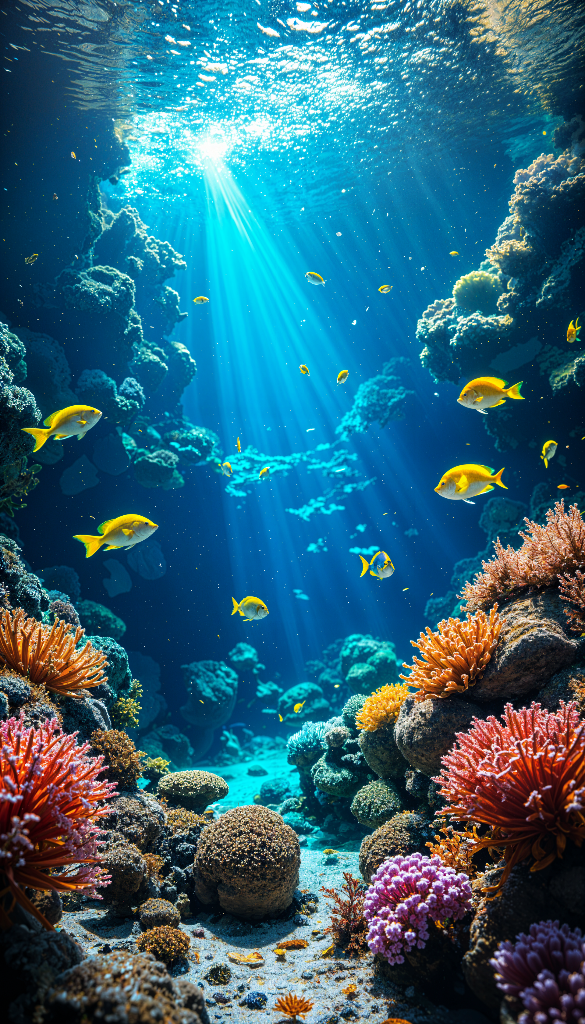 A vibrant underwater scene featuring colorful coral reefs, sun rays filtering through the water, and various tropical fish swimming amidst the vivid marine life.