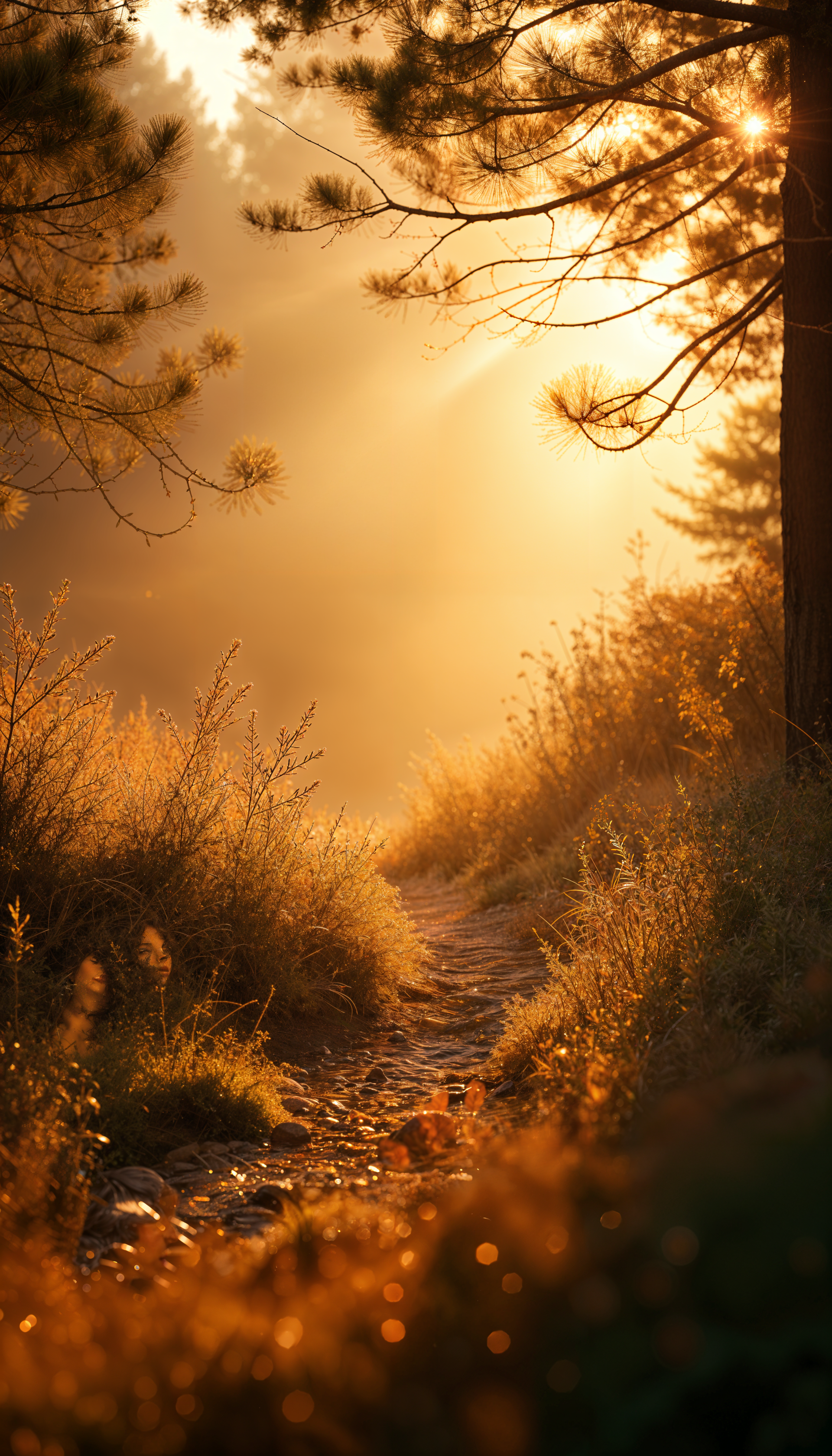Sunrise light filters through a forest canopy, illuminating a narrow path surrounded by golden foliage, captured as a vertical phone wallpaper for iPhone and Android.