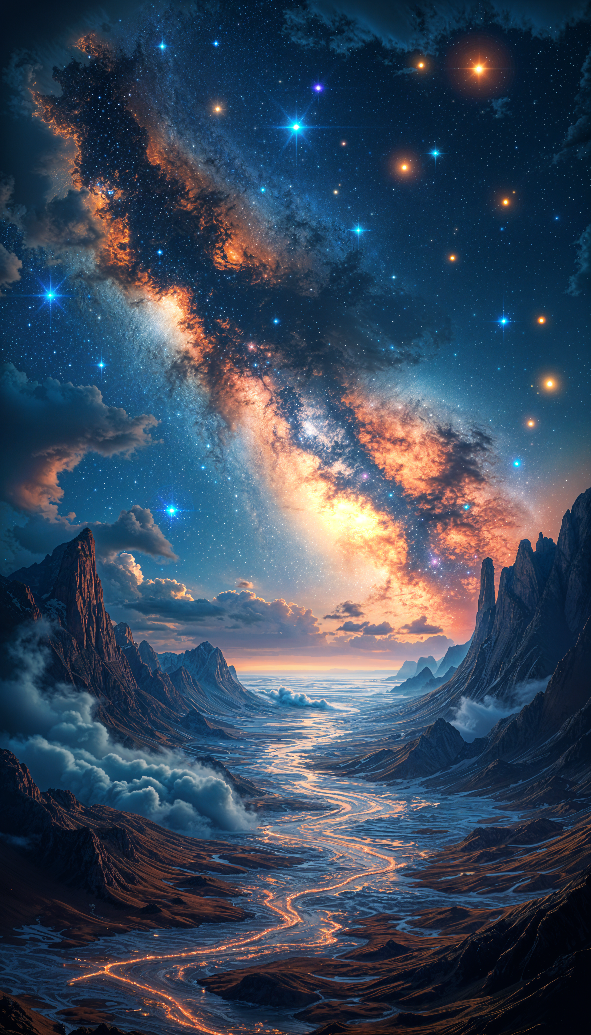 Phone wallpaper depicting a glowing galaxy and stars above a mountain landscape with a winding river, designed to fit iPhone and Android screens.