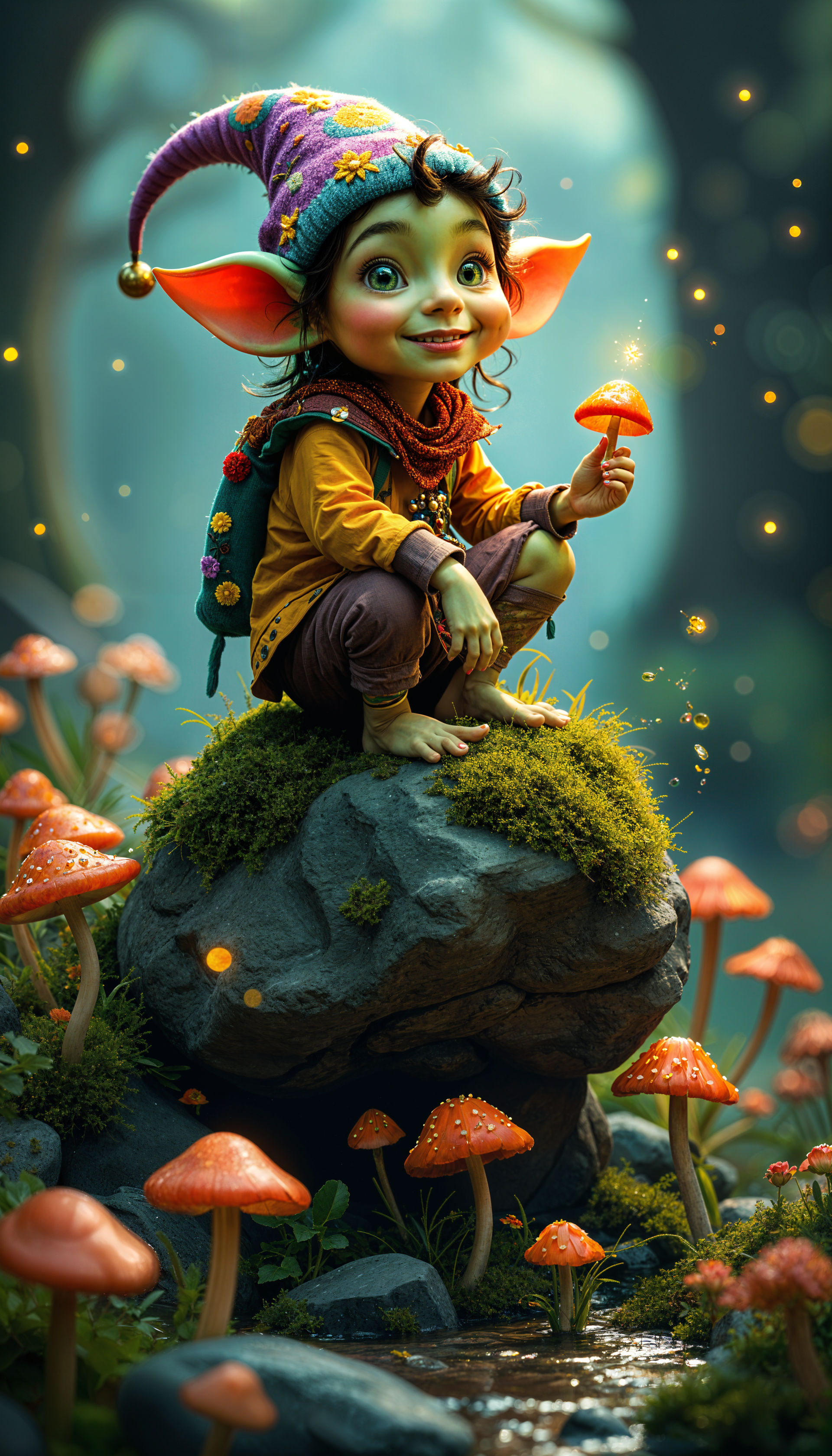 A whimsical goblin with a colorful hat sits on a mossy rock surrounded by glowing mushrooms in a magical forest, designed as a fantasy phone wallpaper for iPhones and Androids.