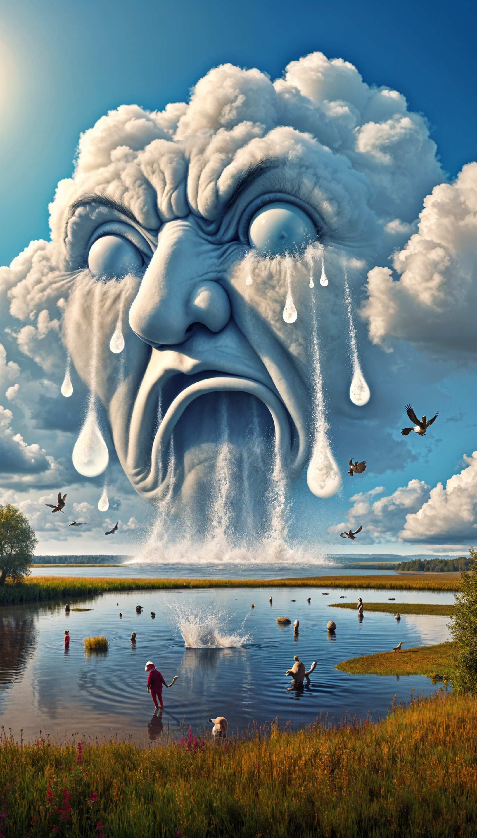A dramatic phone wallpaper depicting a cloud-shaped face crying tears that cascade into a serene lake, with people and animals reflected in the tranquil water below.