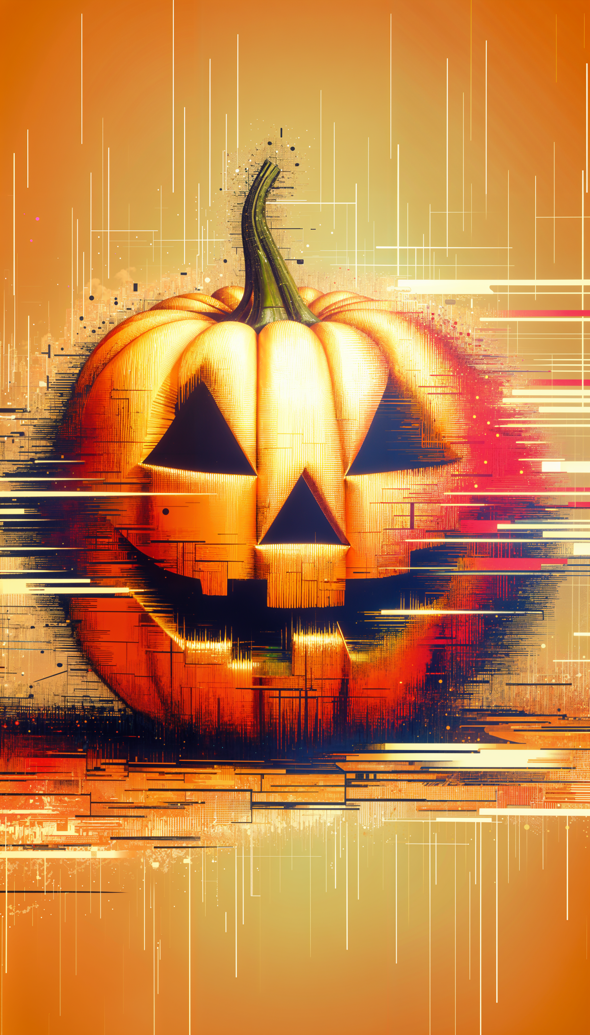 A vibrant pumpkin with a carved face is set against an abstract orange background, creating an eye-catching phone wallpaper with a festive vibe.