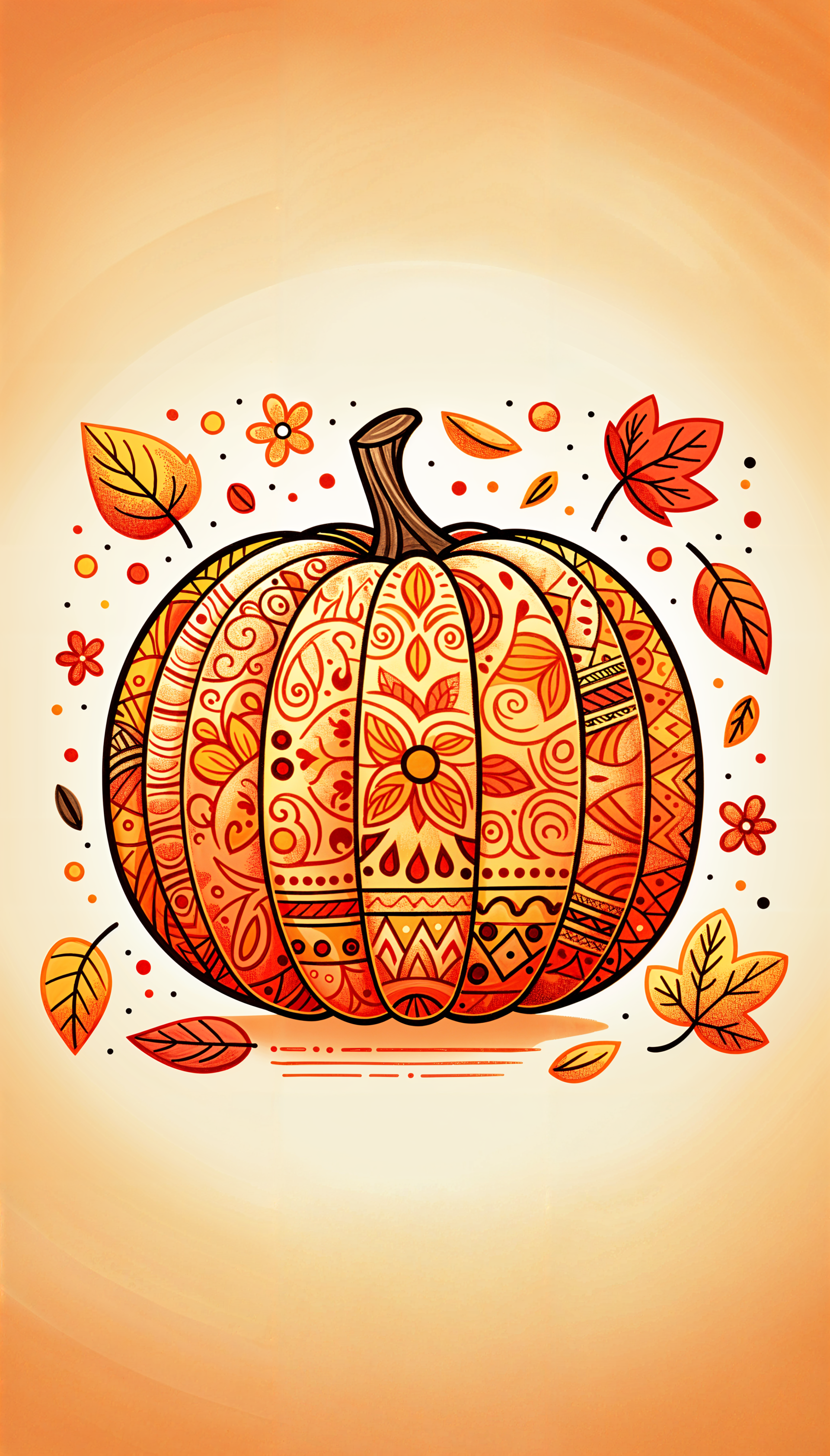 A vibrant, artistic pumpkin surrounded by autumn leaves and flowers, set against a warm orange background, designed as a charming phone wallpaper.