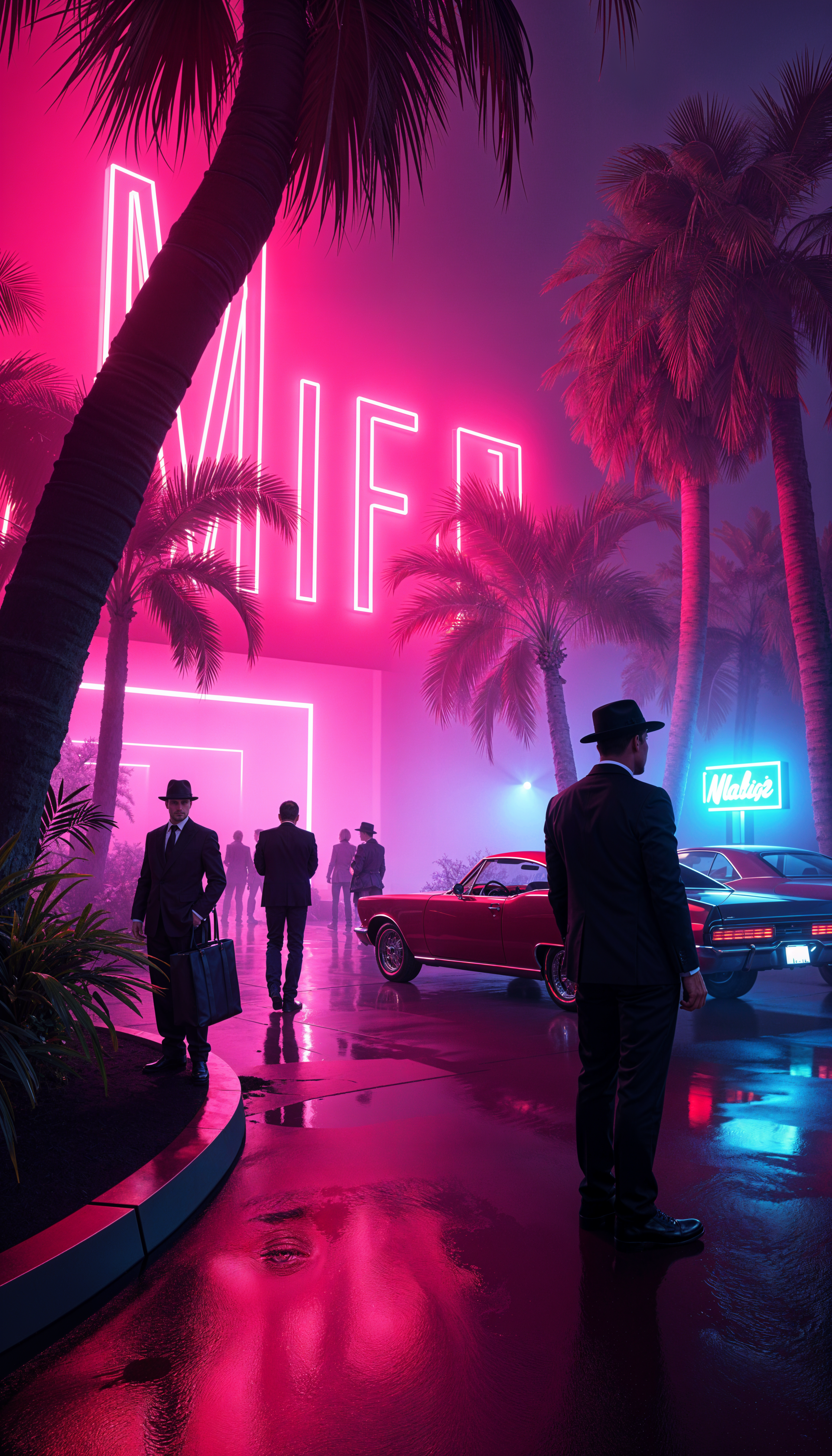 A vibrant phone wallpaper featuring a moody urban scene with a neon Mafia sign, palm trees, and silhouettes of suited figures against a rain-soaked background.