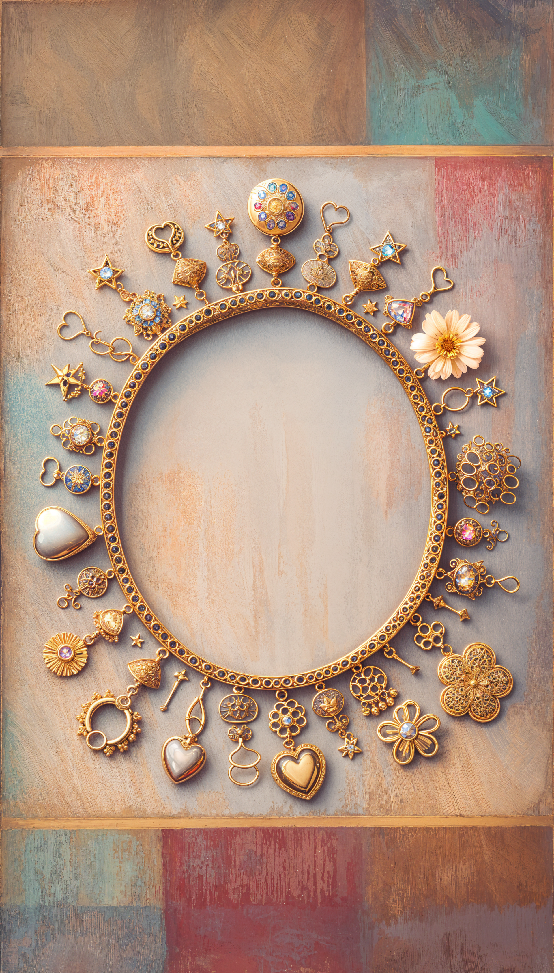 A decorative bracelet design featuring various charms and flowers, set against a colorful background, making an enchanting phone wallpaper.
