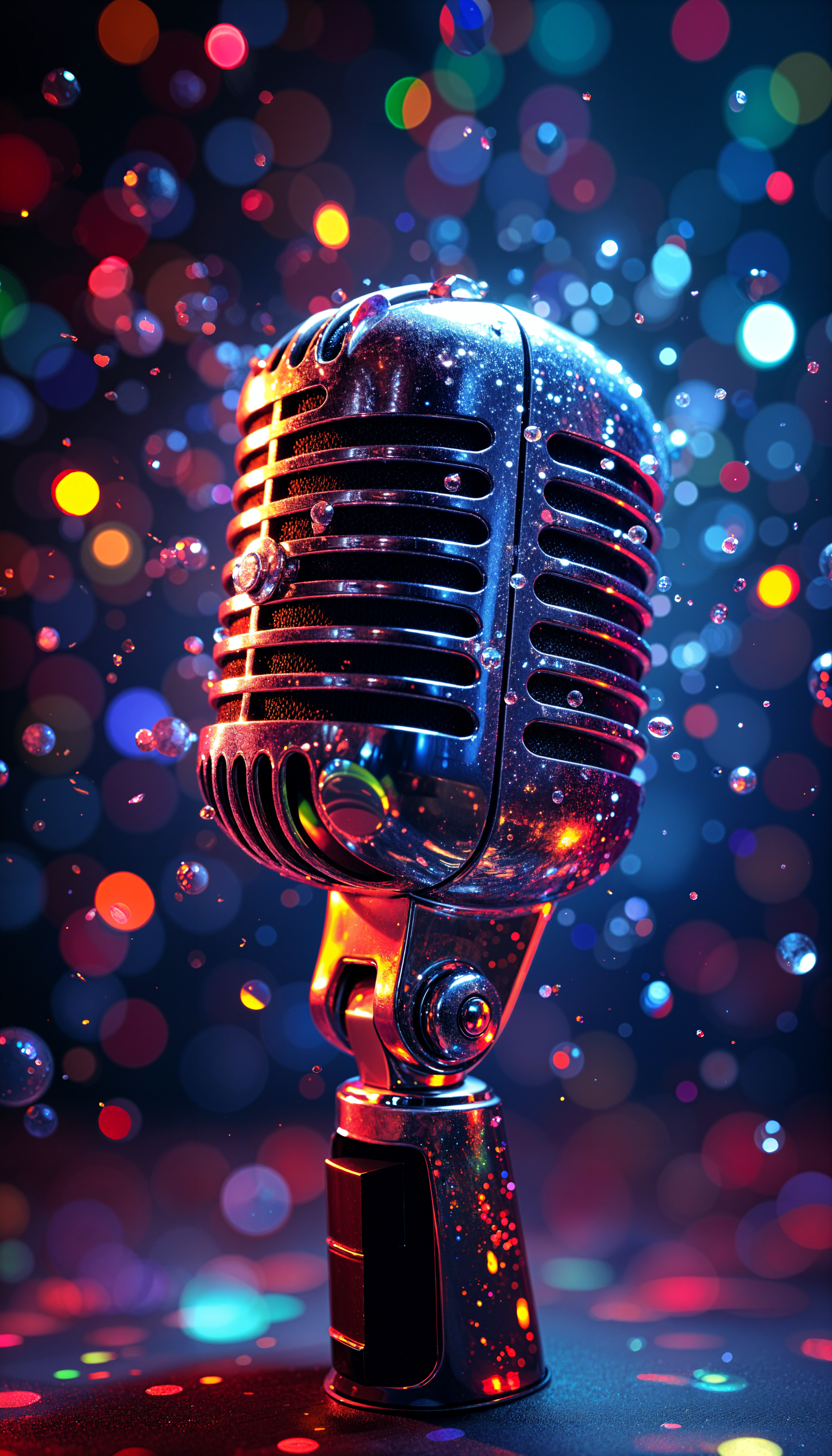 A vintage microphone stands against a vibrant, colorful background filled with sparkles and bubbles, creating a lively phone wallpaper design.