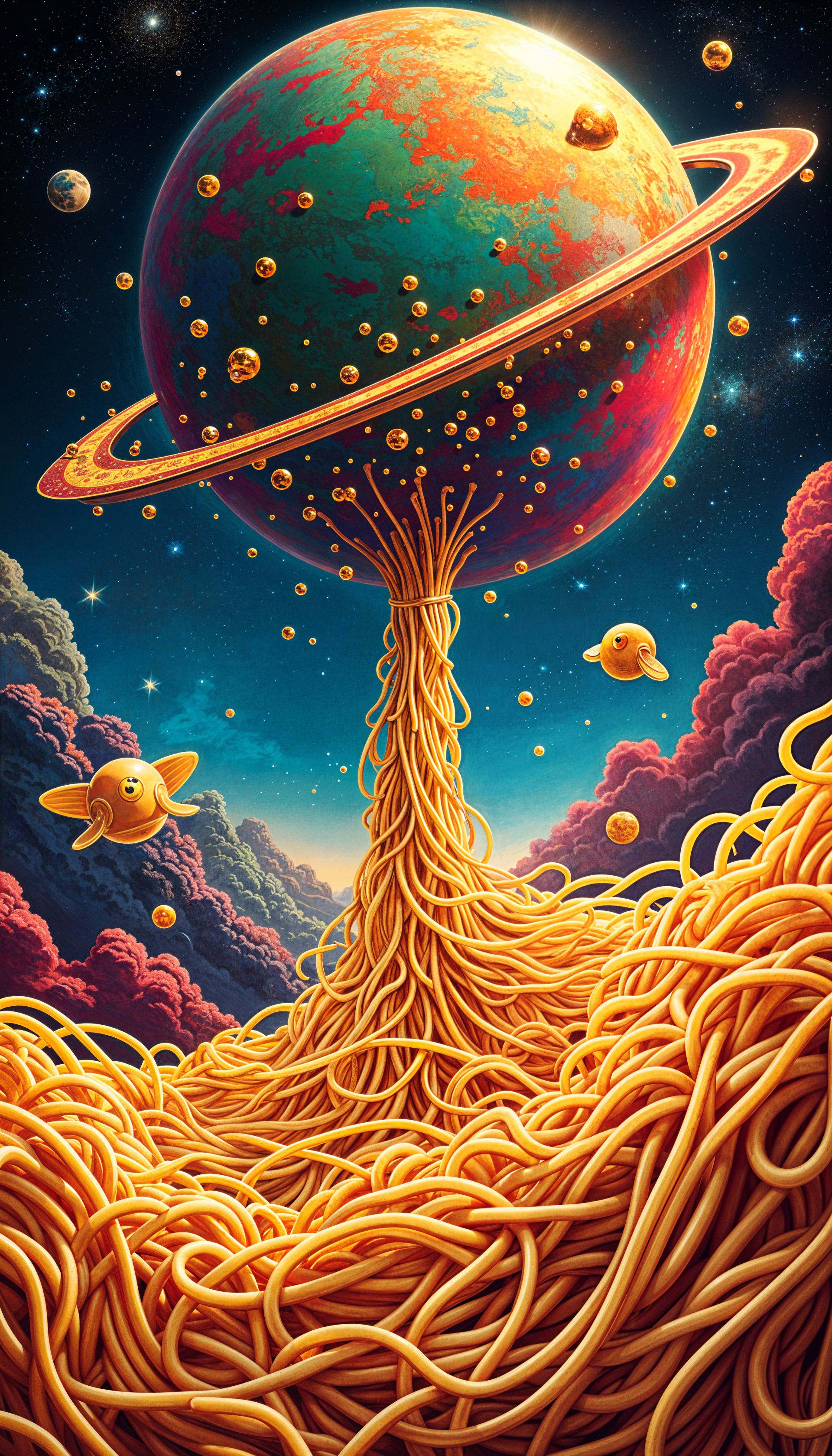A whimsical phone wallpaper featuring a planet surrounded by pasta, with a cosmic backdrop of colorful clouds and floating orbs, blending culinary delight with a surreal universe.