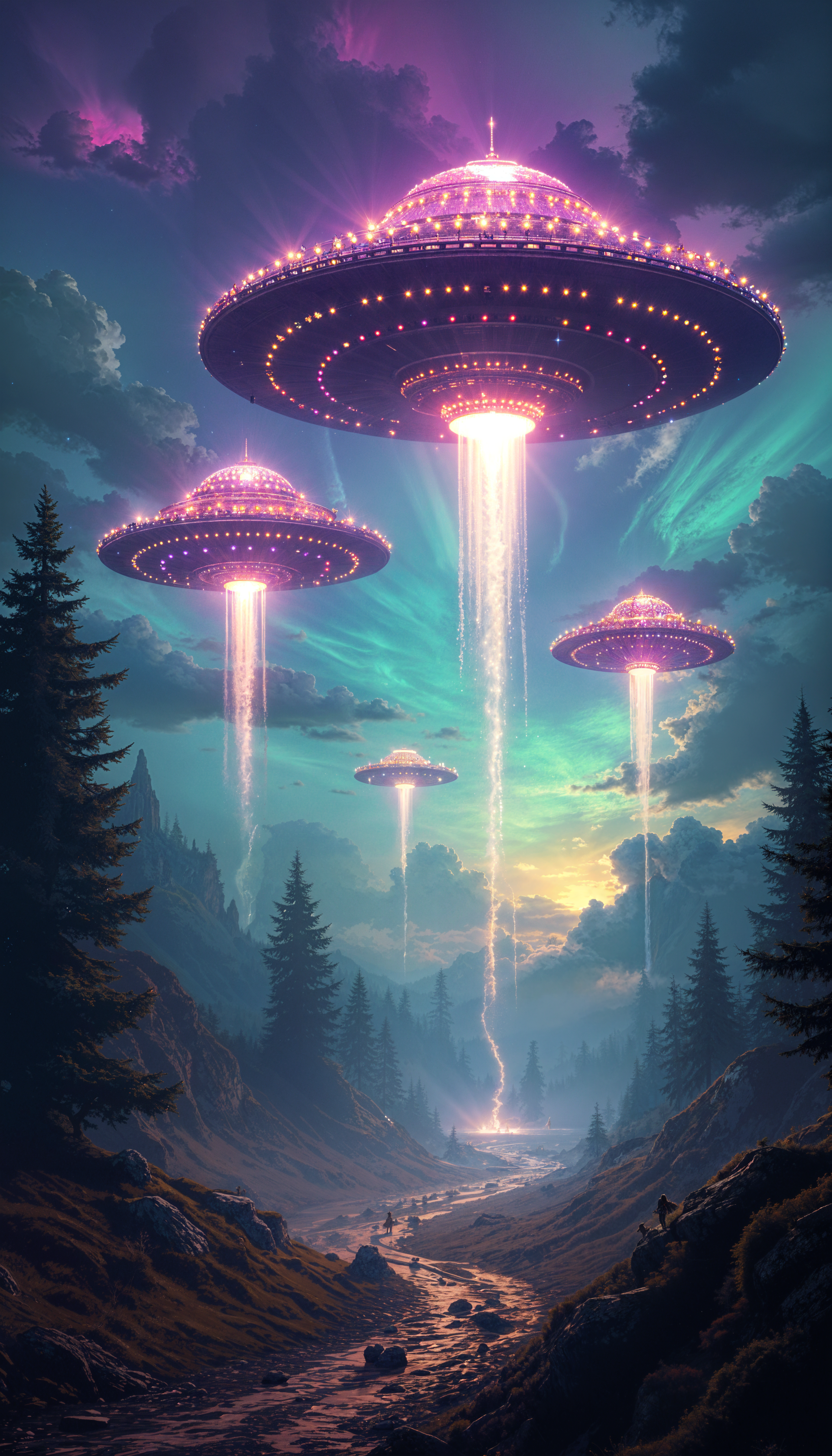 A captivating phone wallpaper featuring a UFO invasion, showcasing luminous flying saucers beaming light down into a serene forest landscape under a colorful sky.