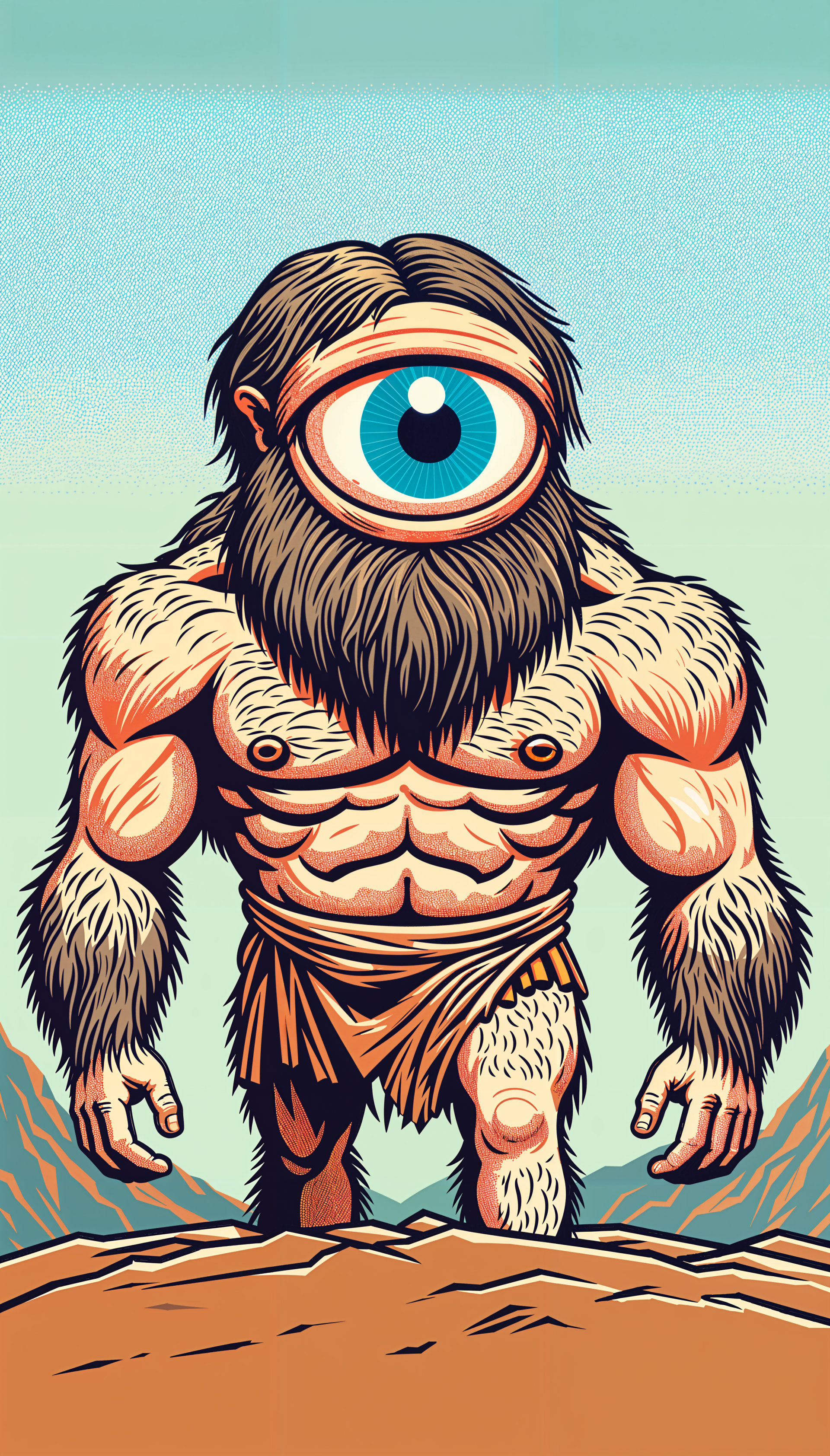 A striking phone wallpaper featuring a muscular cyclops with a single large eye and a rugged appearance, set against a stylized mountainous background.