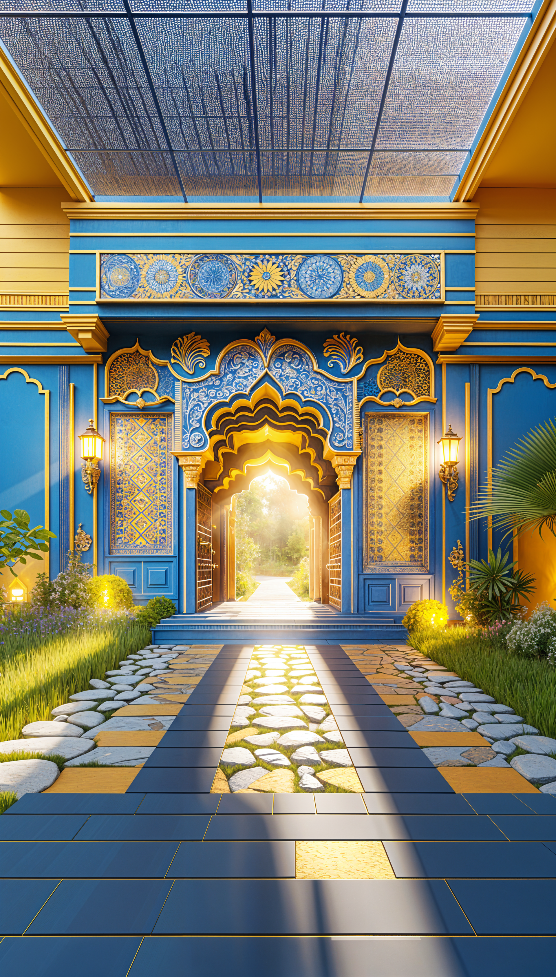 A beautifully designed entrance to a building, featuring intricate blue and gold patterns. Sunlight streams through an arched doorway, illuminating a pathway lined with stones and greenery.