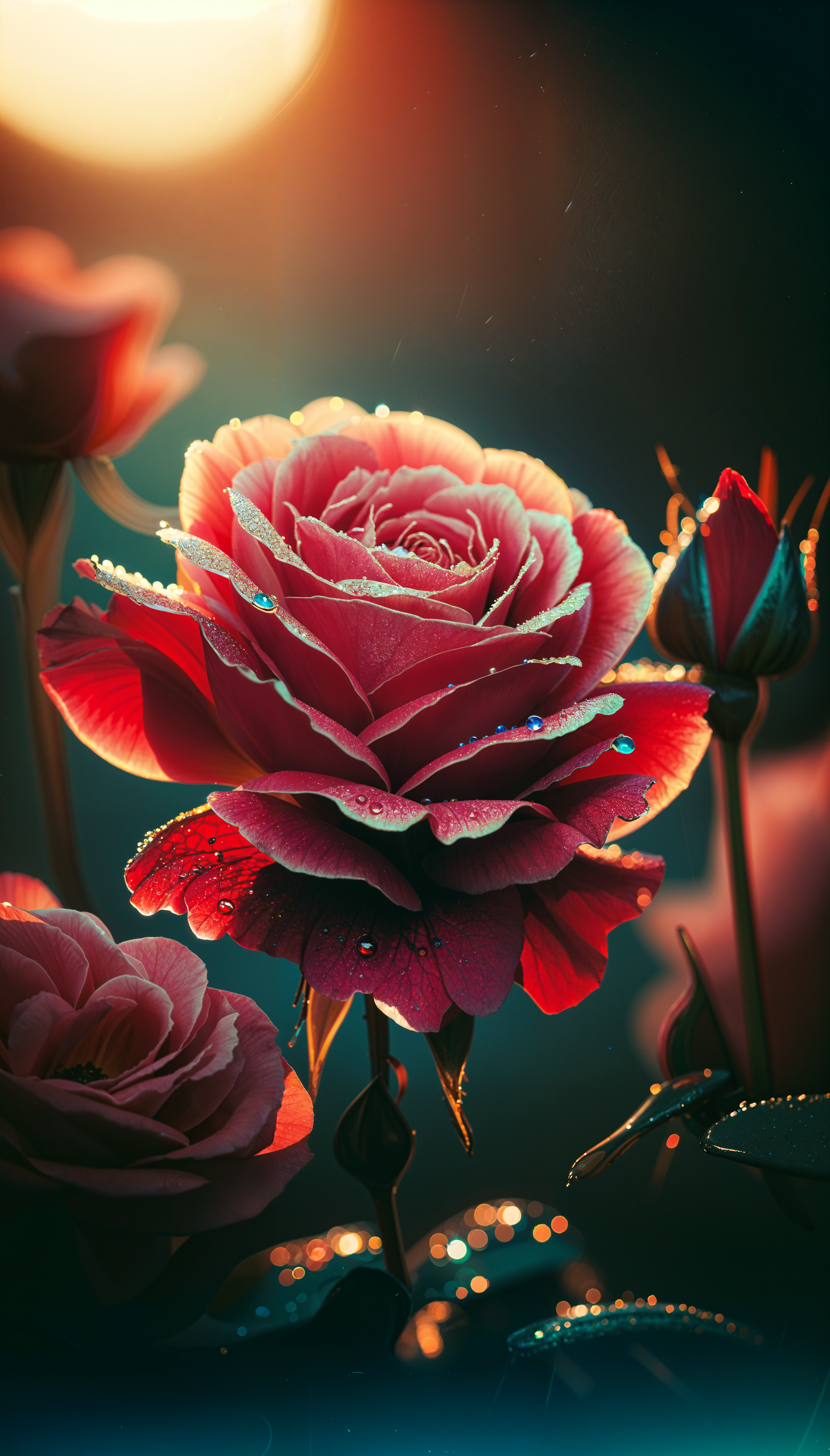 A stunning close-up of a vibrant pink rose adorned with dewdrops, surrounded by buds, set against a warm, glowing background—an elegant phone wallpaper.