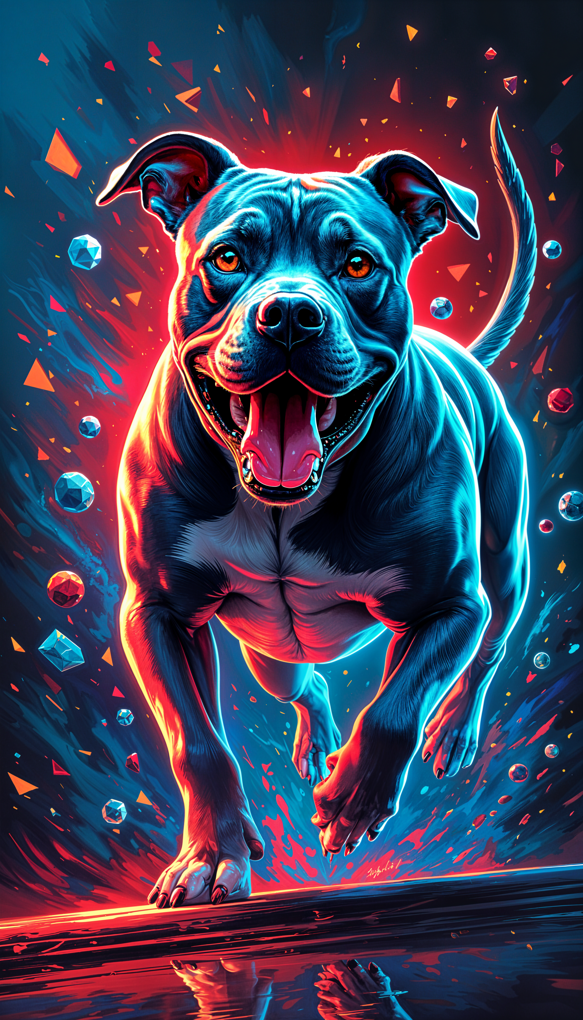 A vibrant and dynamic phone wallpaper featuring a playful pitbull, showcasing its muscular form and joyful expression against a backdrop of colorful geometric shapes.