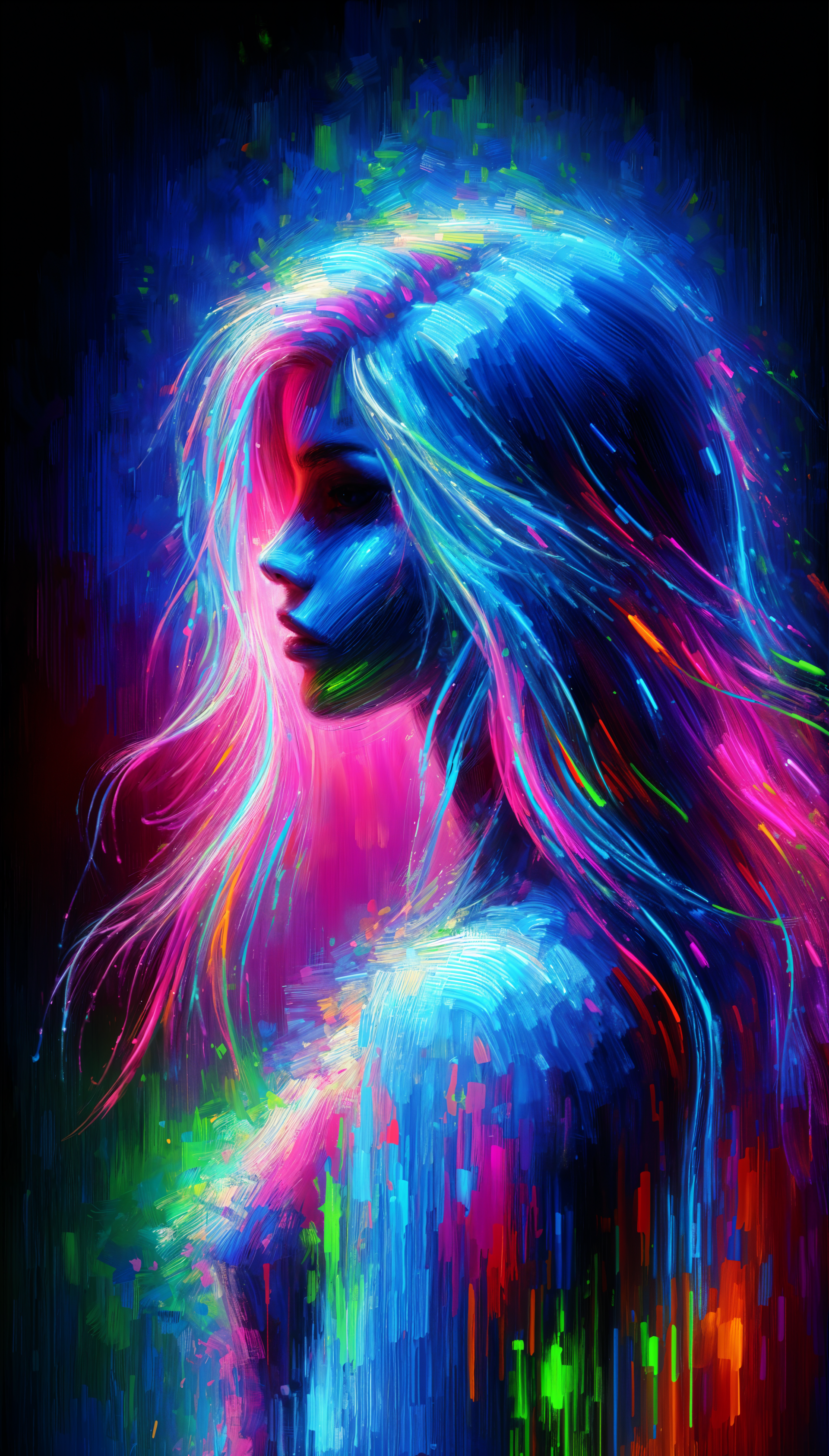 A vibrant, neon-themed illustration of a girl's profile, featuring striking colors and flowing hair, designed as an eye-catching phone wallpaper.