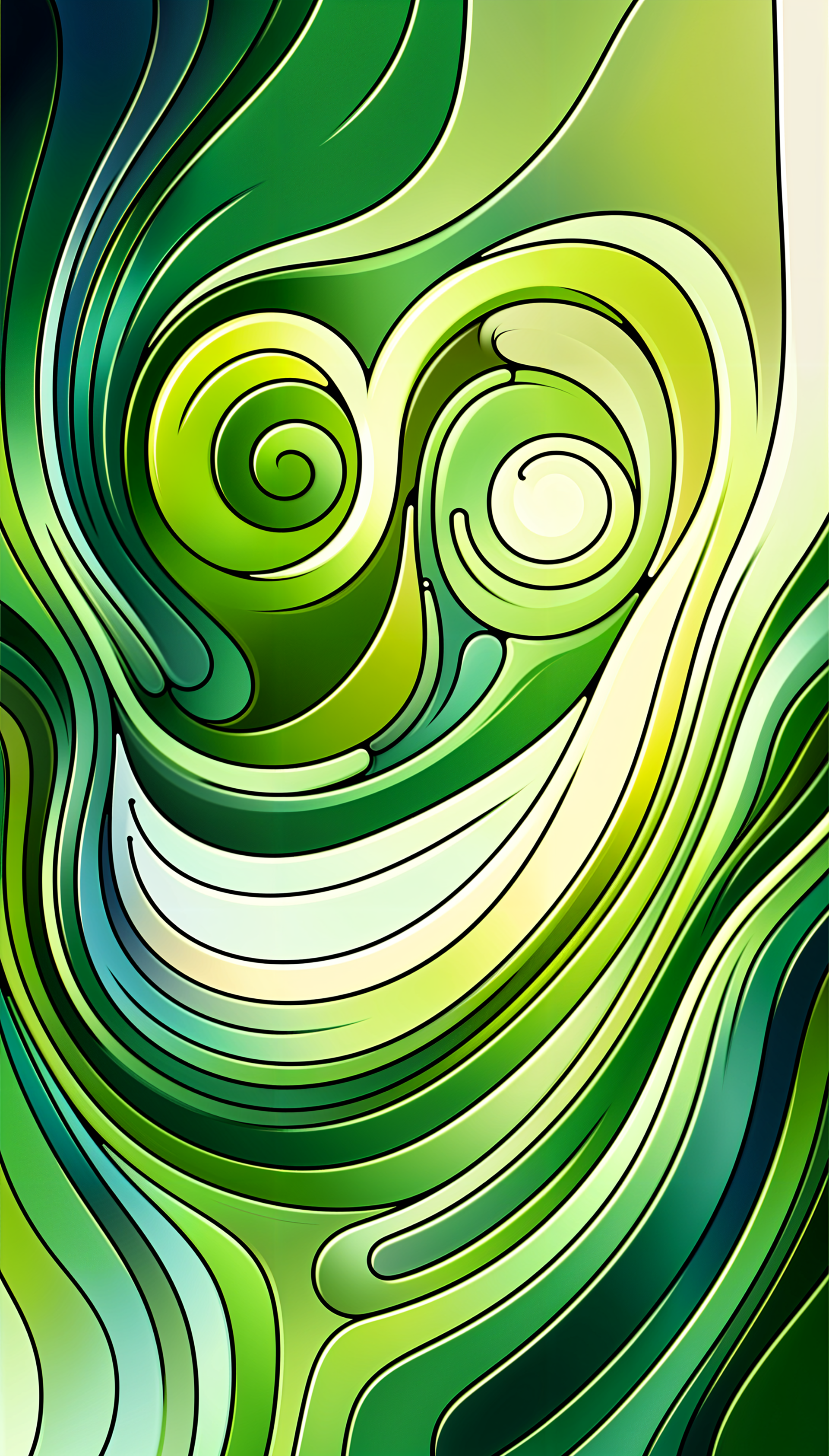 Abstract green swirls and curves create a vibrant and dynamic phone wallpaper, featuring a blend of light and dark shades that evoke a sense of fluidity and movement.