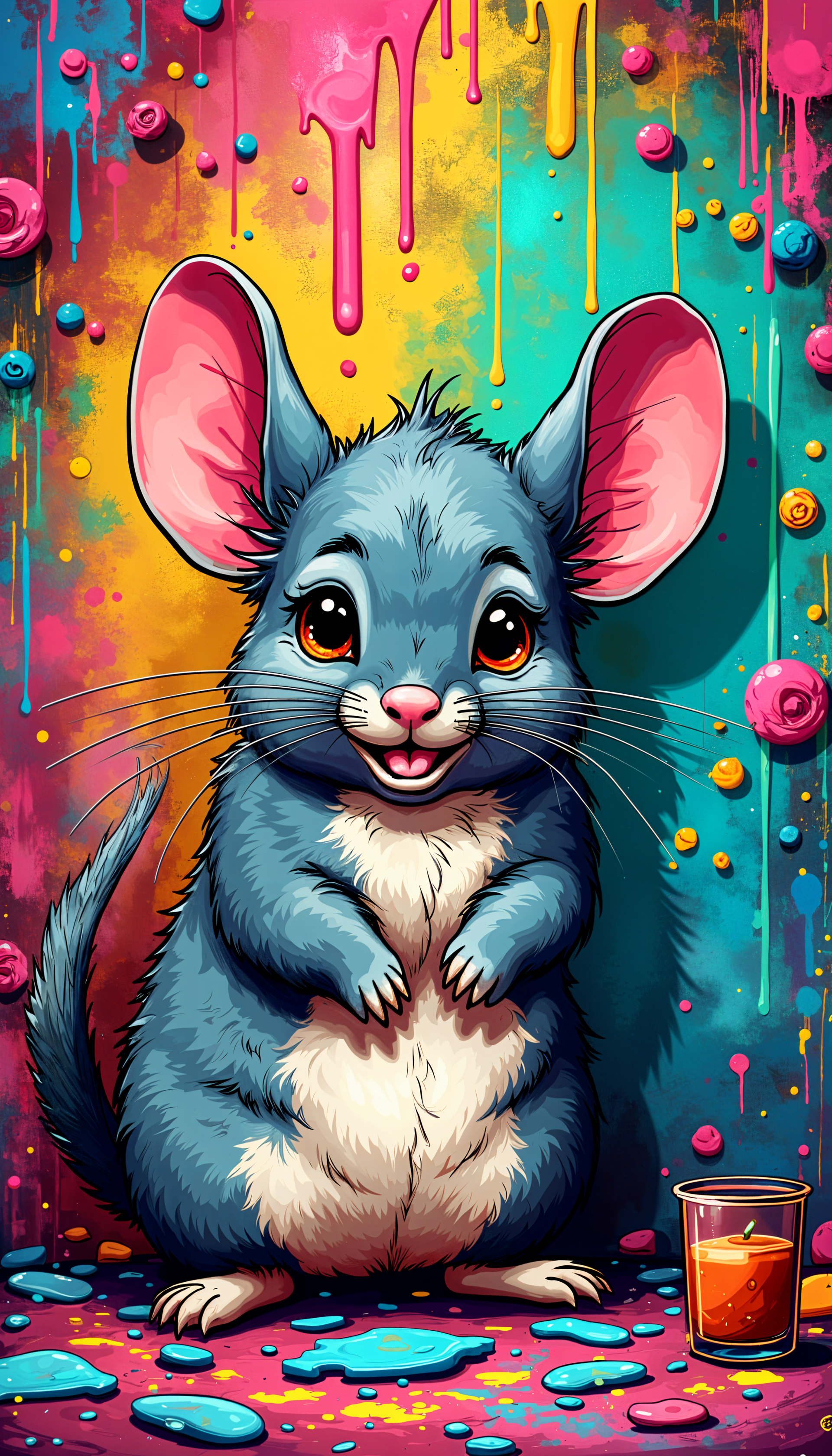 A charming chinchilla with bright blue fur stands against a vibrant, paint-splattered background, radiating playful energy. A small drink sits nearby, enhancing the fun atmosphere.