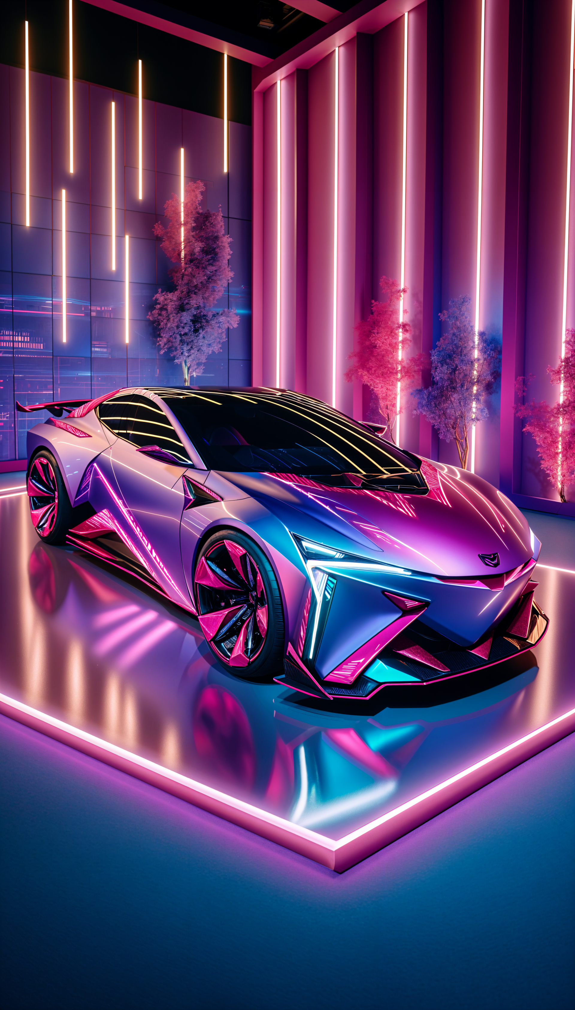 Futuristic neon-lit sports car with sharp design lines, showcased in a vibrant, glowing environment, crafted as a sleek phone wallpaper for iPhones and Android devices.
