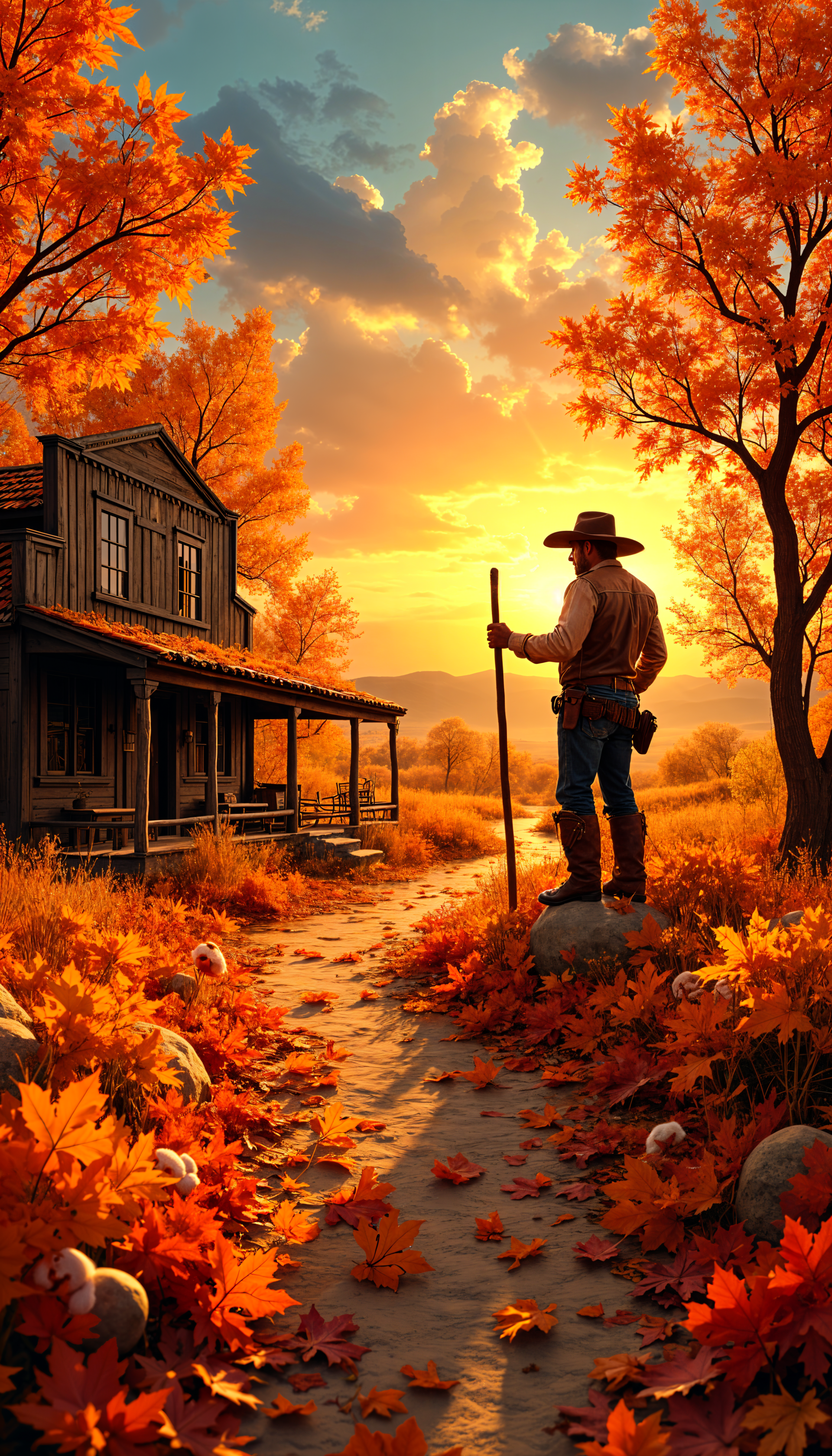 A cowboy stands on a stone path surrounded by vibrant autumn leaves, framed by a rustic wooden building under a dramatic sunset, capturing the essence of the wild west.
