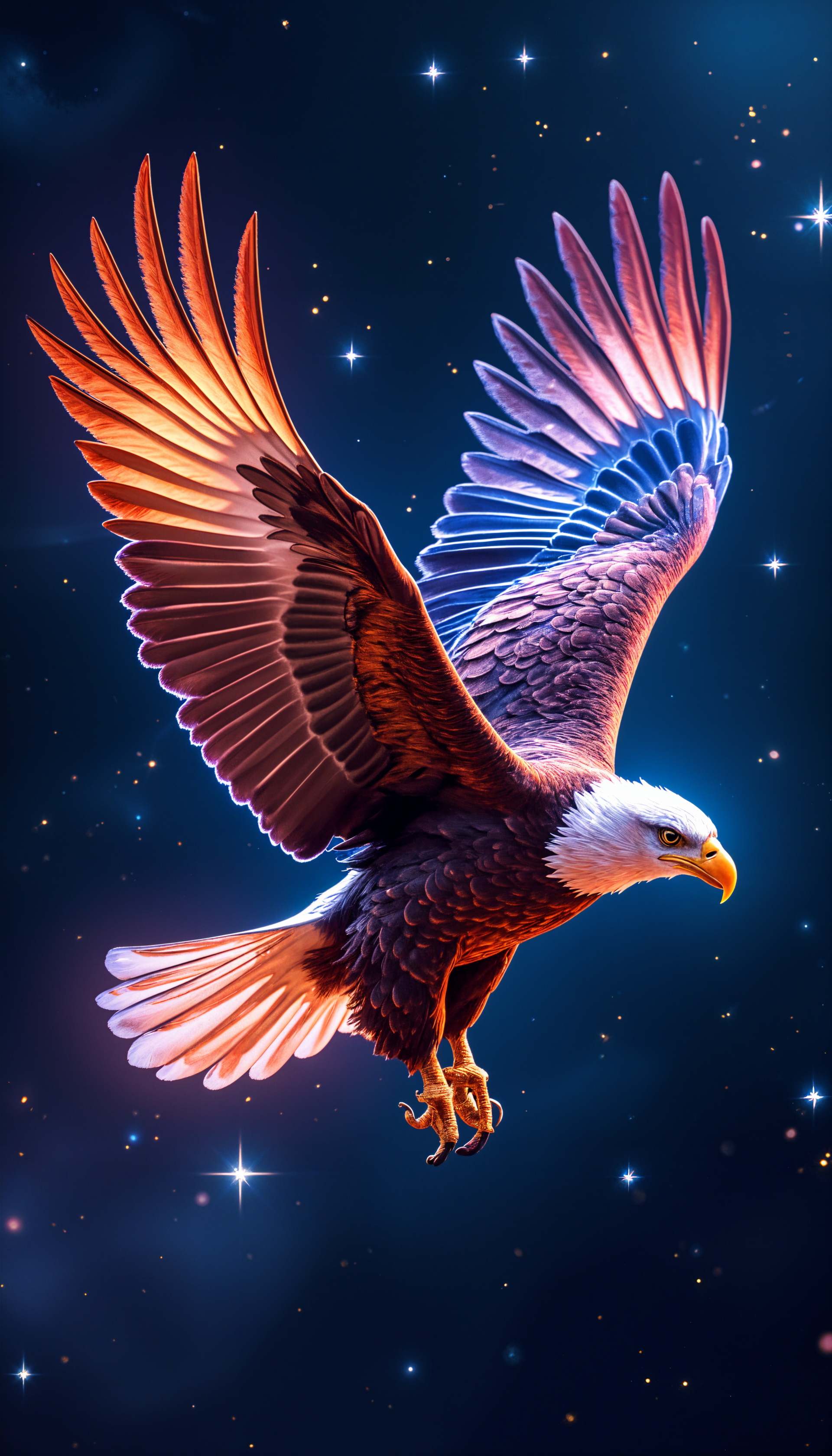 An eagle soars majestically against a starry blue background, showcasing vibrant feathers and powerful wings, making a striking phone wallpaper.