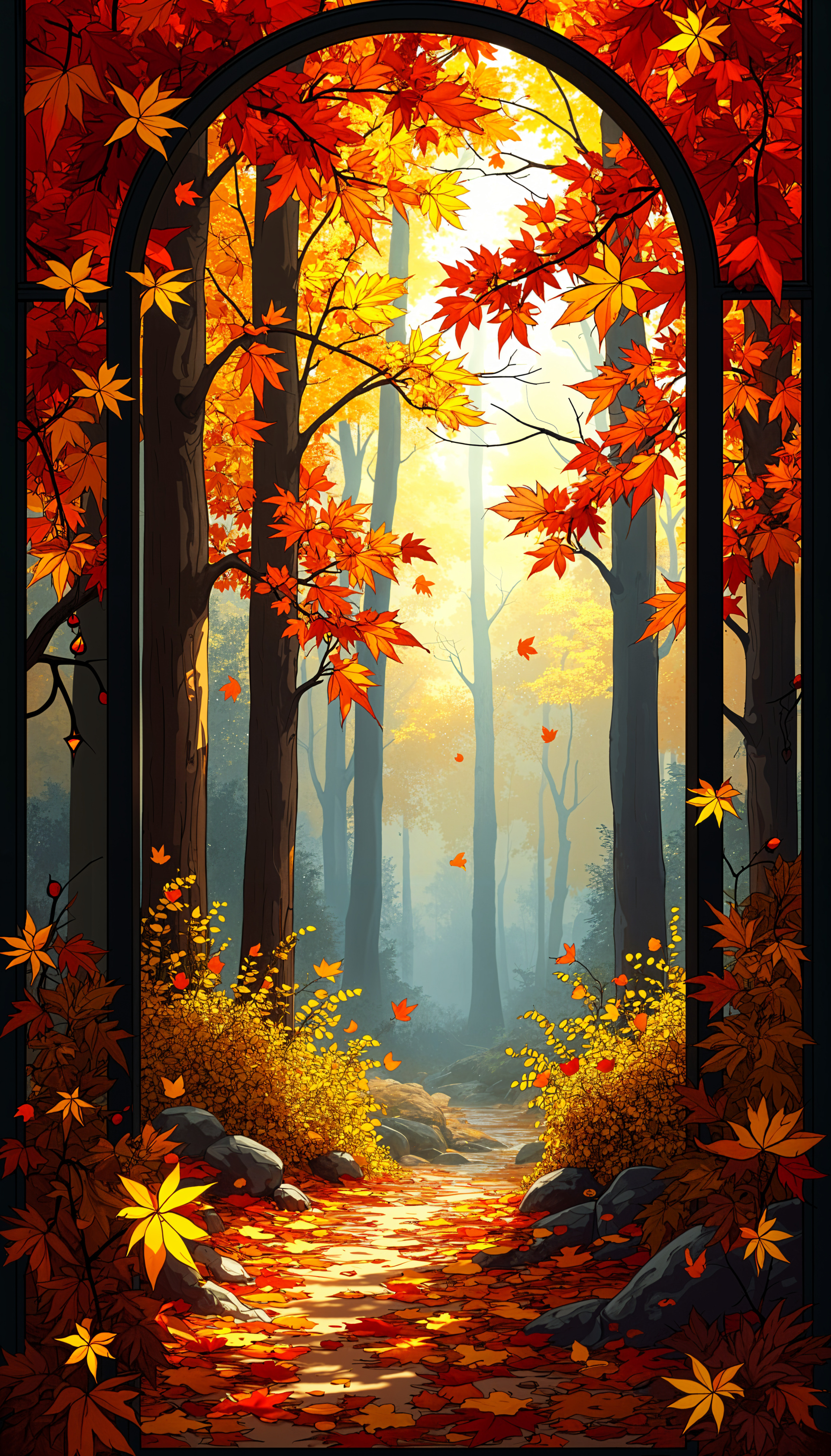 A vibrant phone wallpaper featuring a serene forest path framed by colorful autumn leaves, capturing the essence of fall with golden sunlight filtering through the trees.