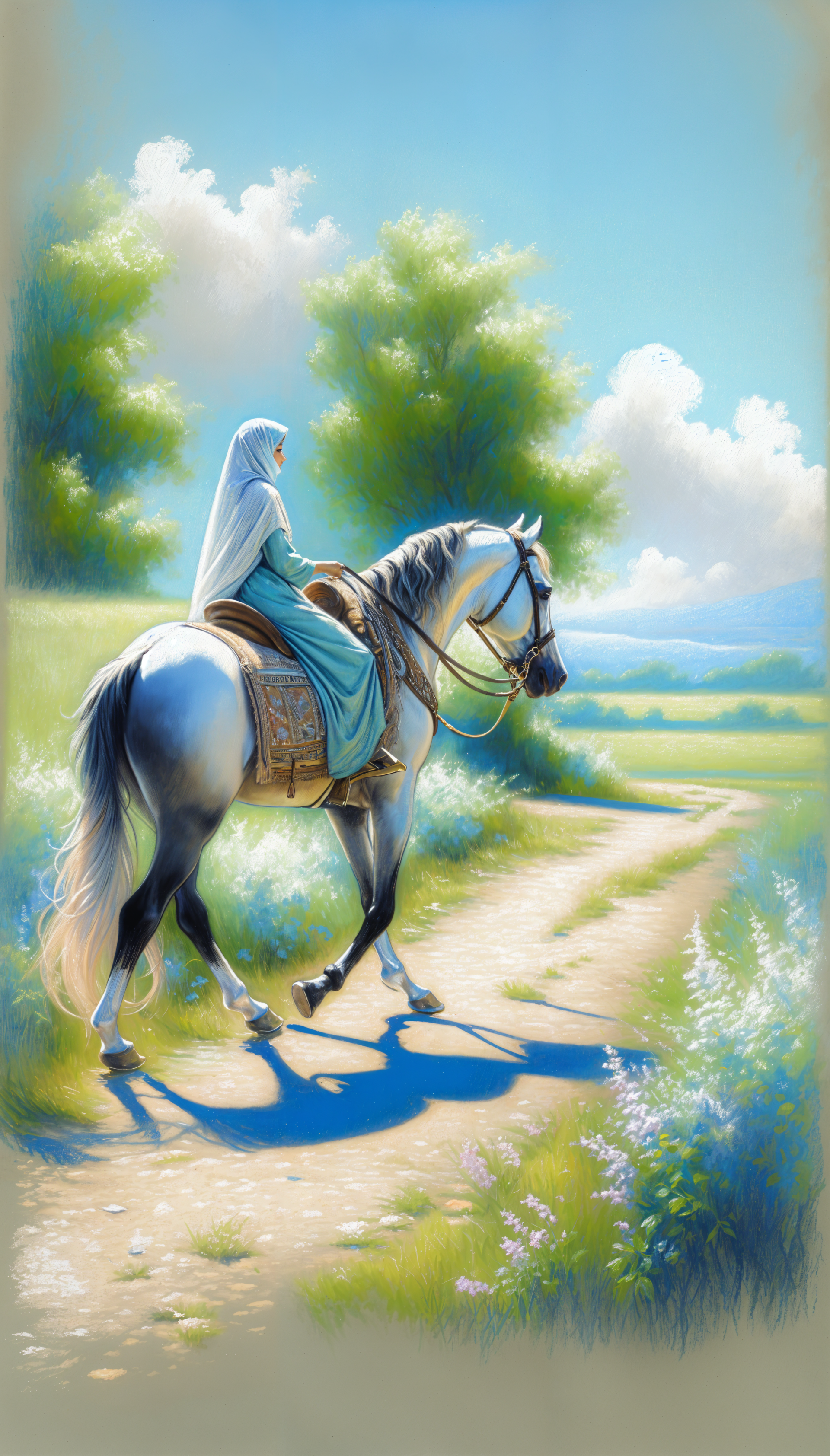 A serene landscape with a rider in flowing attire on a white horse walking along a sunlit path, surrounded by lush greenery and a bright blue sky with fluffy clouds.