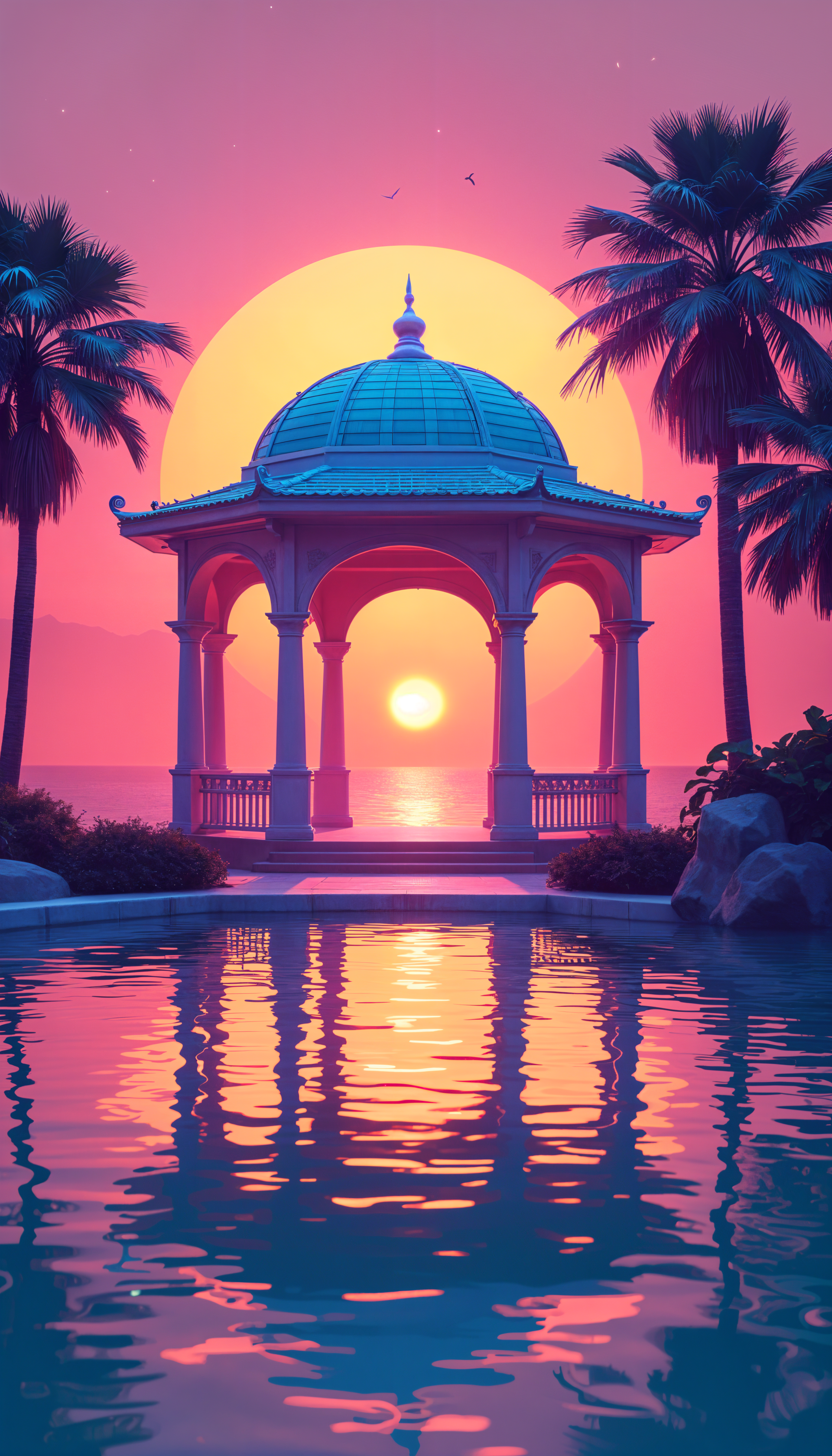 A vibrant gazebo silhouetted against a sunset, surrounded by palm trees and reflecting in a tranquil pool, creating a serene phone wallpaper scene.