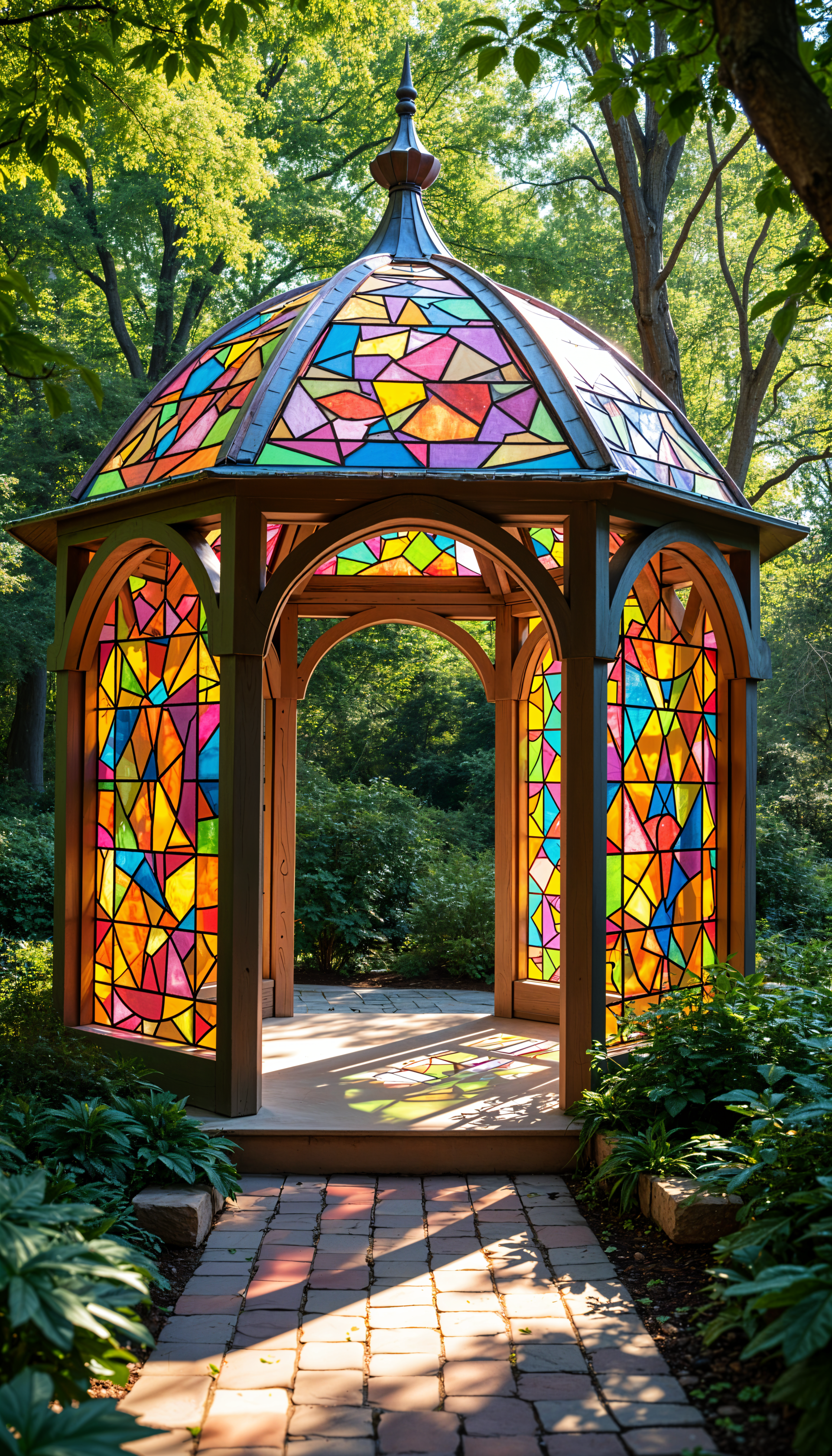 A vibrant stained glass gazebo nestled in a lush garden, showcasing intricate architectural details and landscaping, captured as a vertical phone wallpaper for iPhones and Android devices.