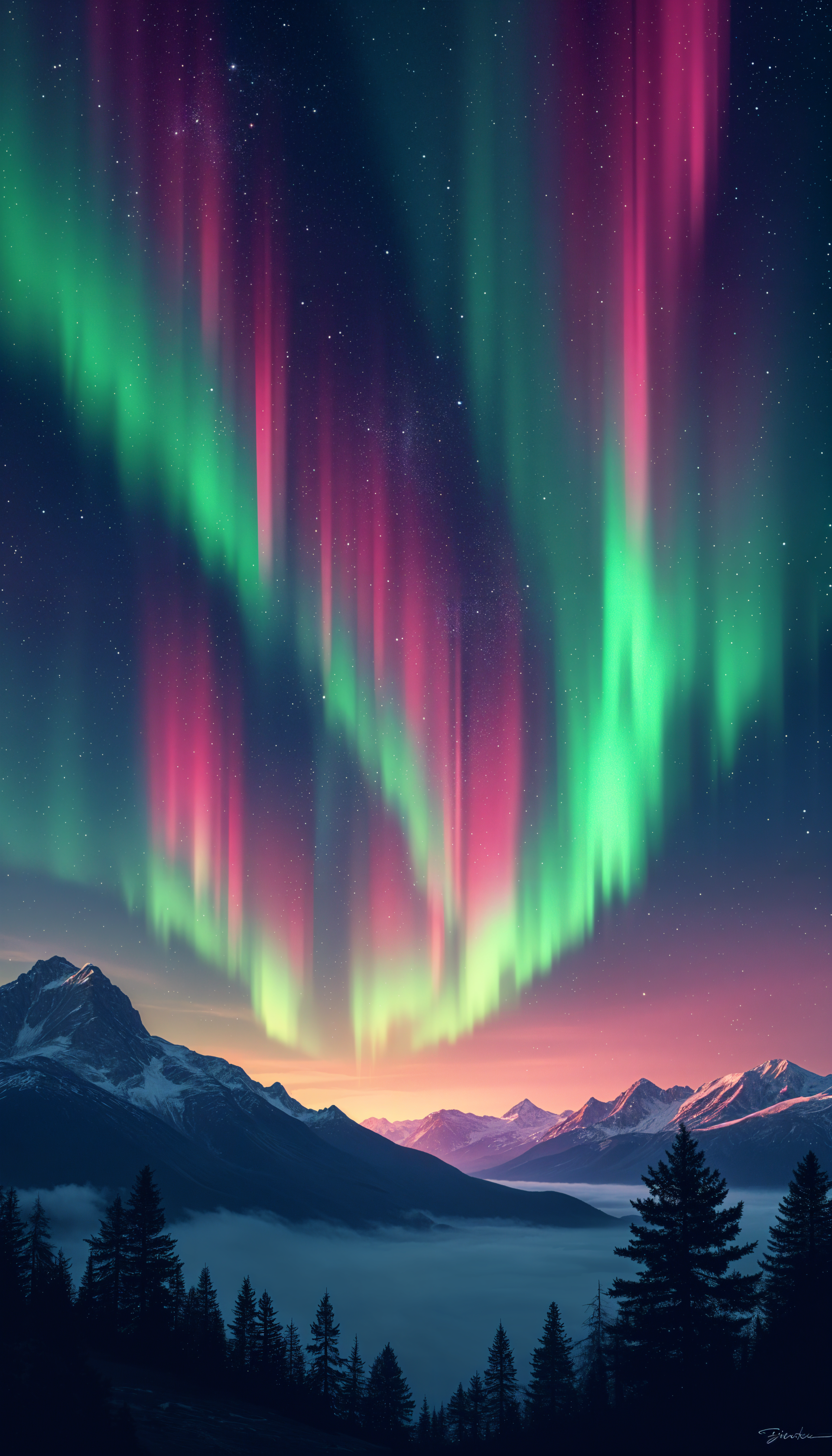A stunning night sky wallpaper featuring vibrant auroras in shades of green and pink, illuminating a mountainous landscape beneath a starry sky.