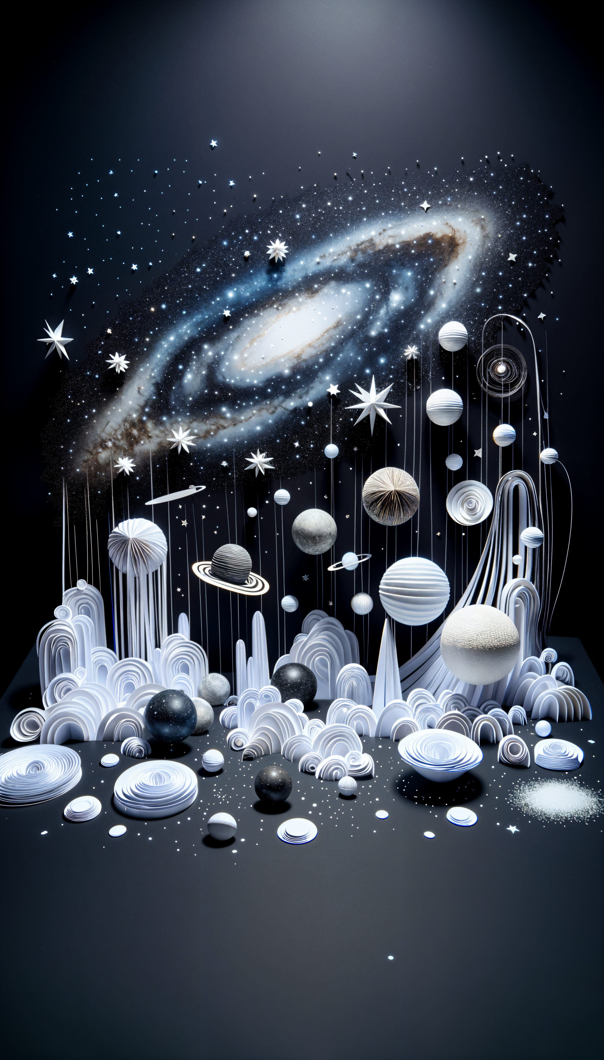 A captivating night sky artwork featuring a swirling galaxy and abstract planets, designed as an eye-catching phone wallpaper.