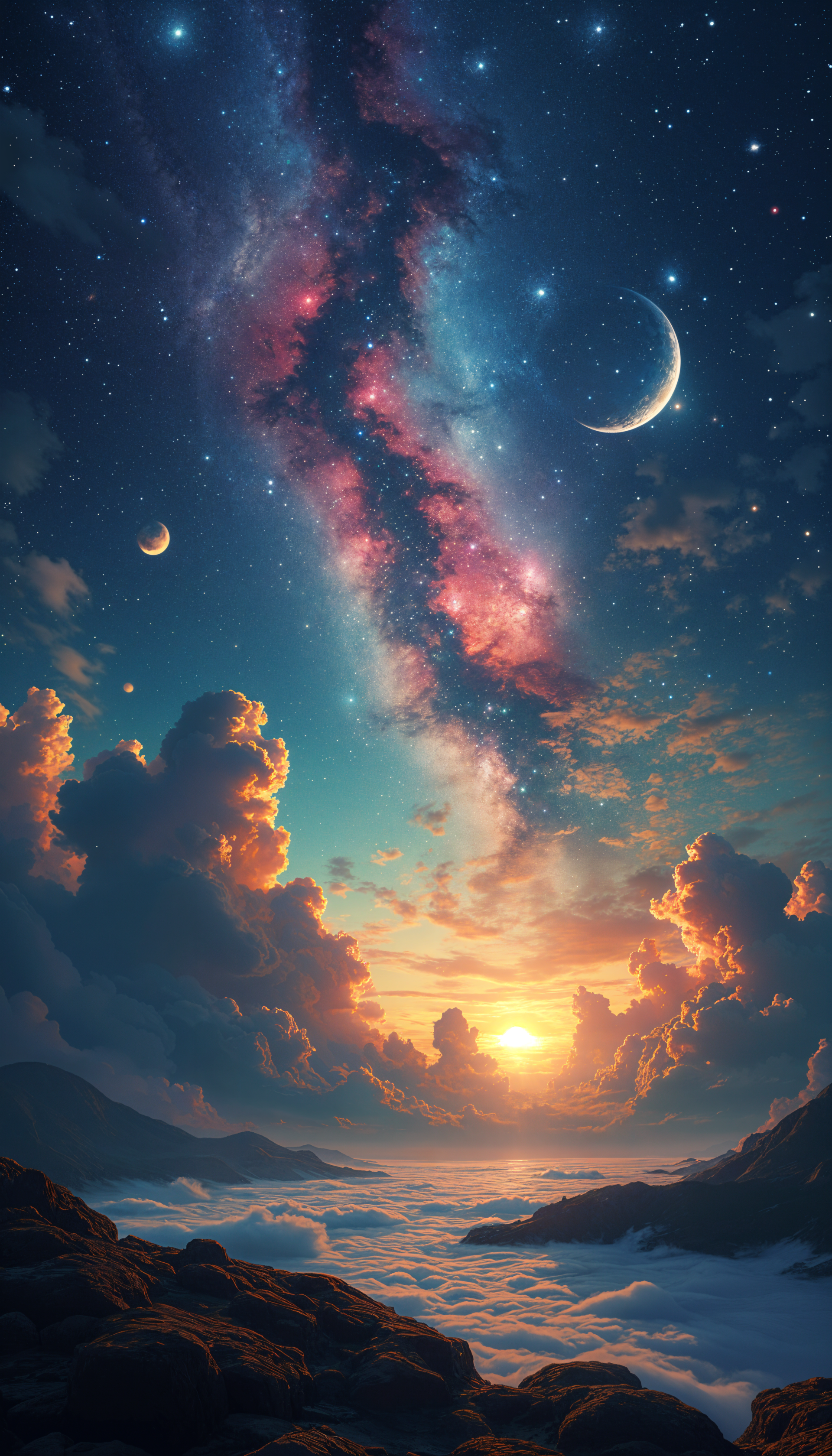 A vibrant night sky filled with a swirling galaxy, crescent moon, and soft clouds over a serene sunset, creating a captivating phone wallpaper.