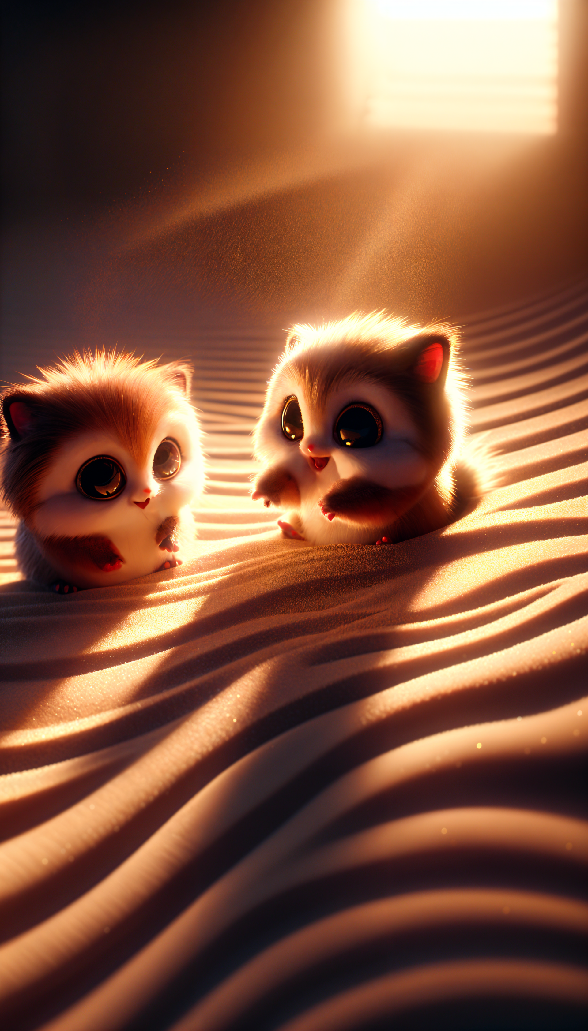 Two cute, fluffy animals with big eyes sit on textured sand, illuminated by warm sunlight, creating a charming and cozy atmosphere—an adorable design for a phone wallpaper.