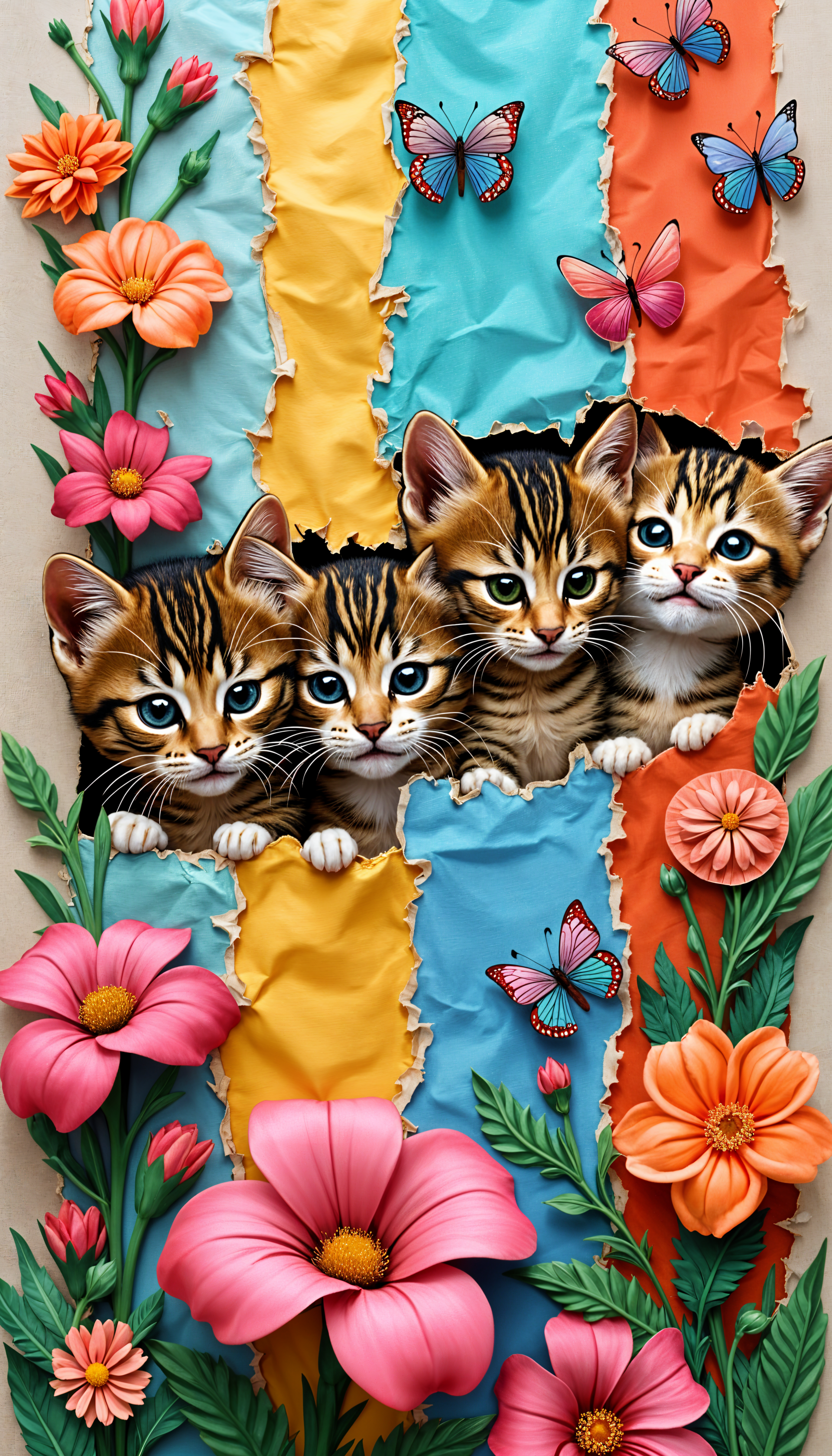 Vibrant phone wallpaper featuring four cute kittens peeking through colorful torn paper, surrounded by flowers and butterflies, creating a cheerful and playful atmosphere.