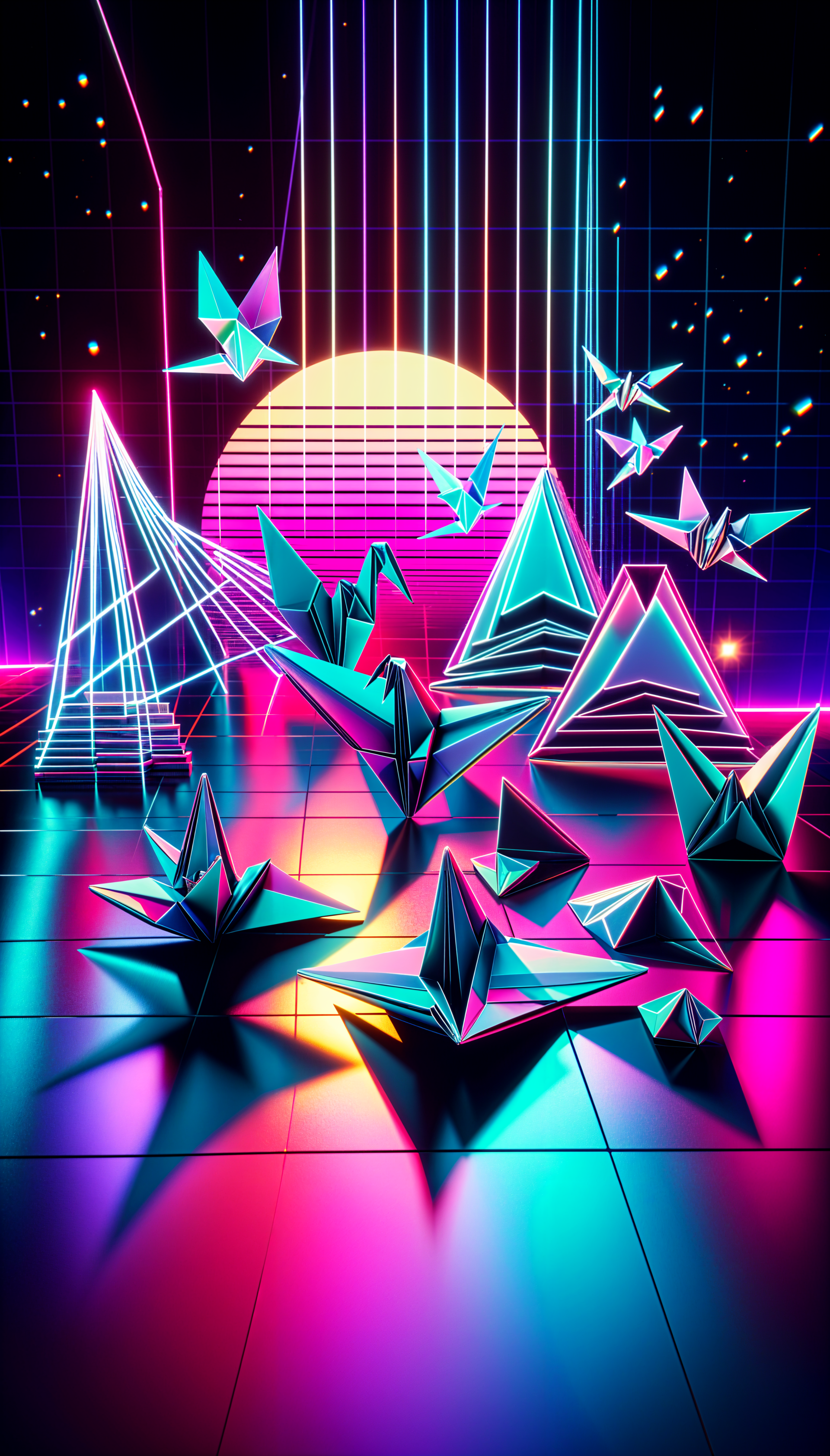 A vibrant retrowave phone wallpaper featuring geometric shapes and origami-style designs, illuminated by neon colors against a retro grid backdrop with a glowing sun.
