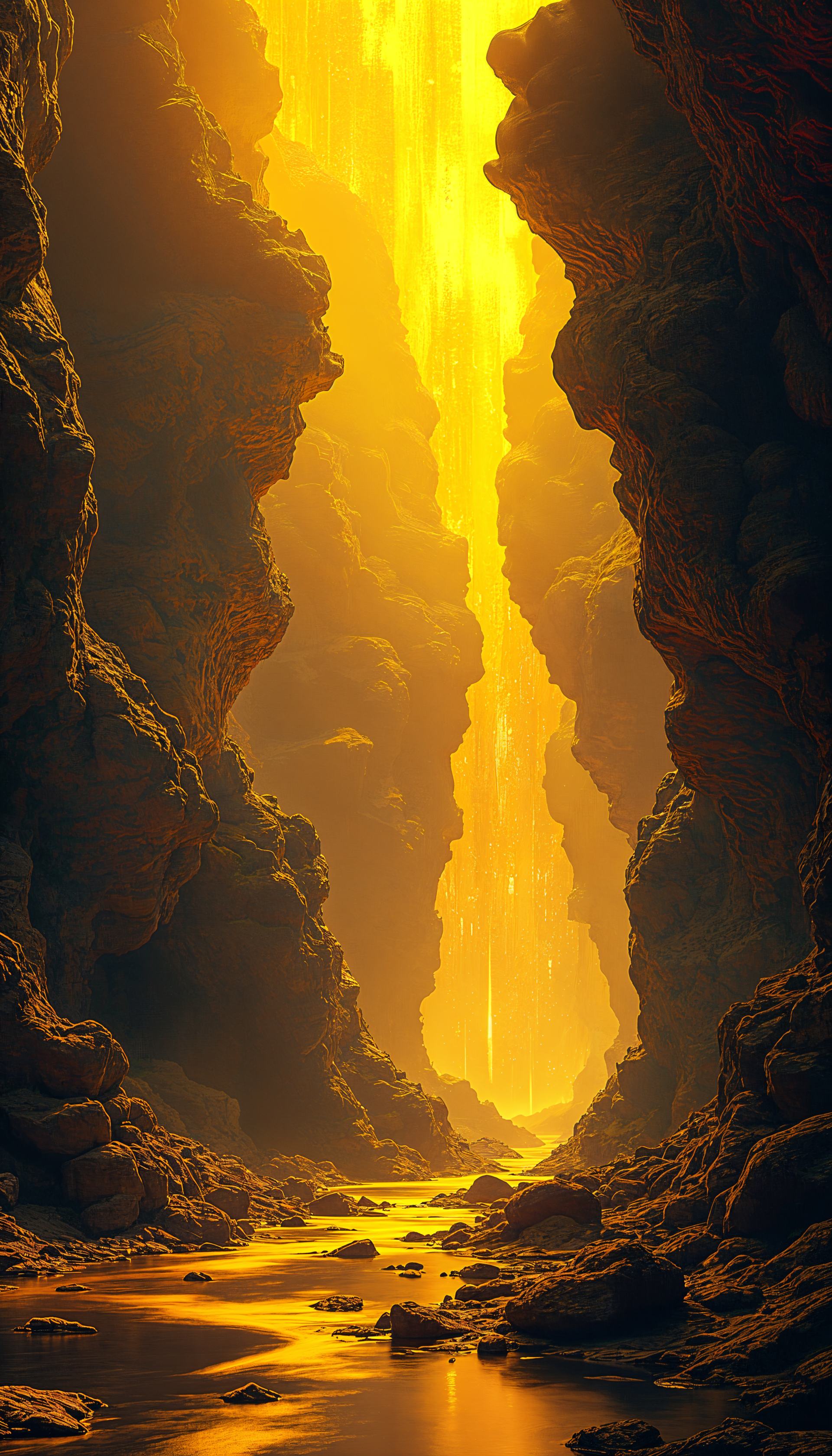 A stunning phone wallpaper depicting a glowing canyon with vibrant golden light cascading down the rocky walls, reflecting in a serene stream at the bottom.