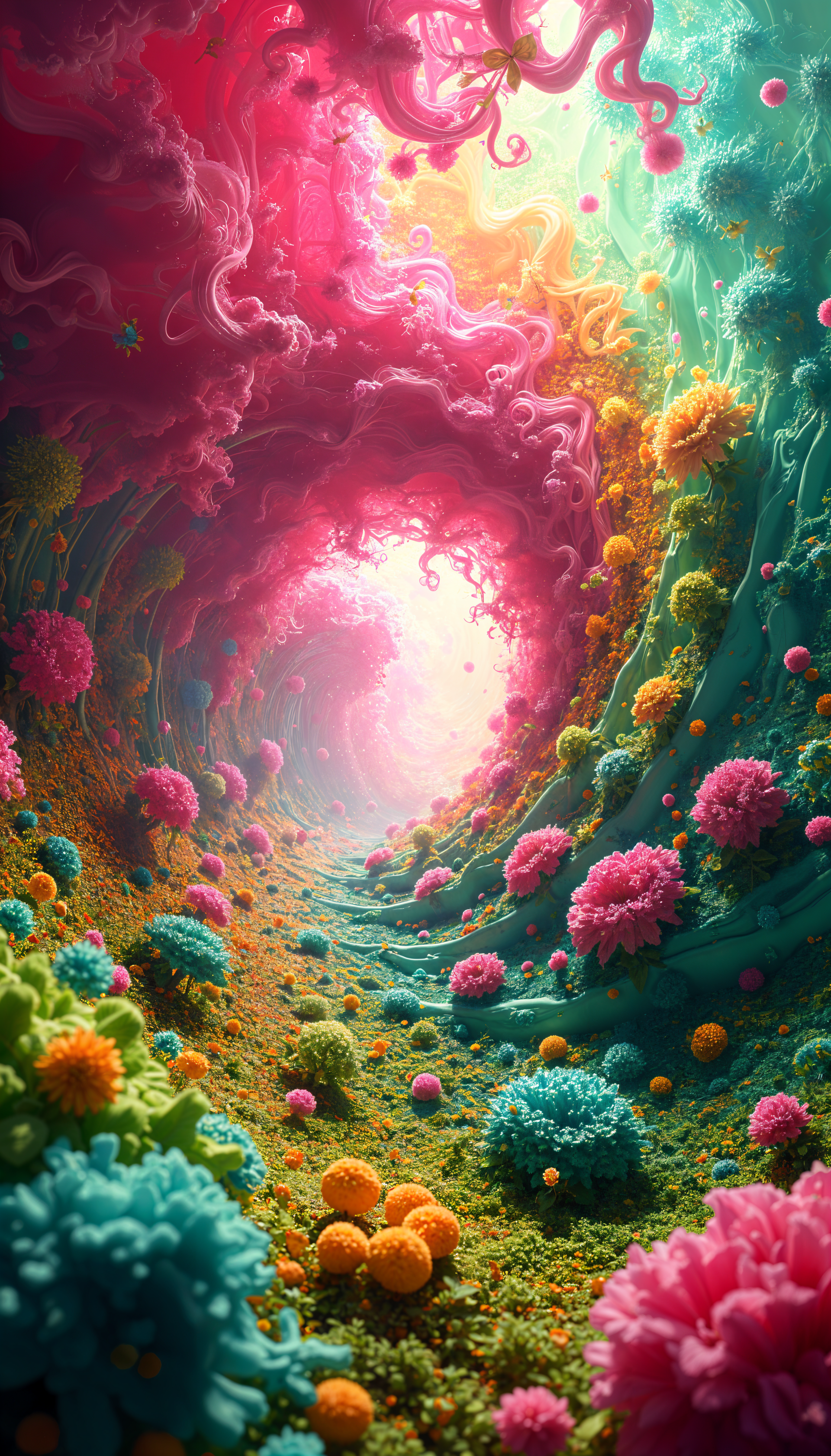 A vibrant, psychedelic wallpaper featuring swirling colors and abstract floral shapes, creating a mesmerizing tunnel effect that invites exploration and wonder.