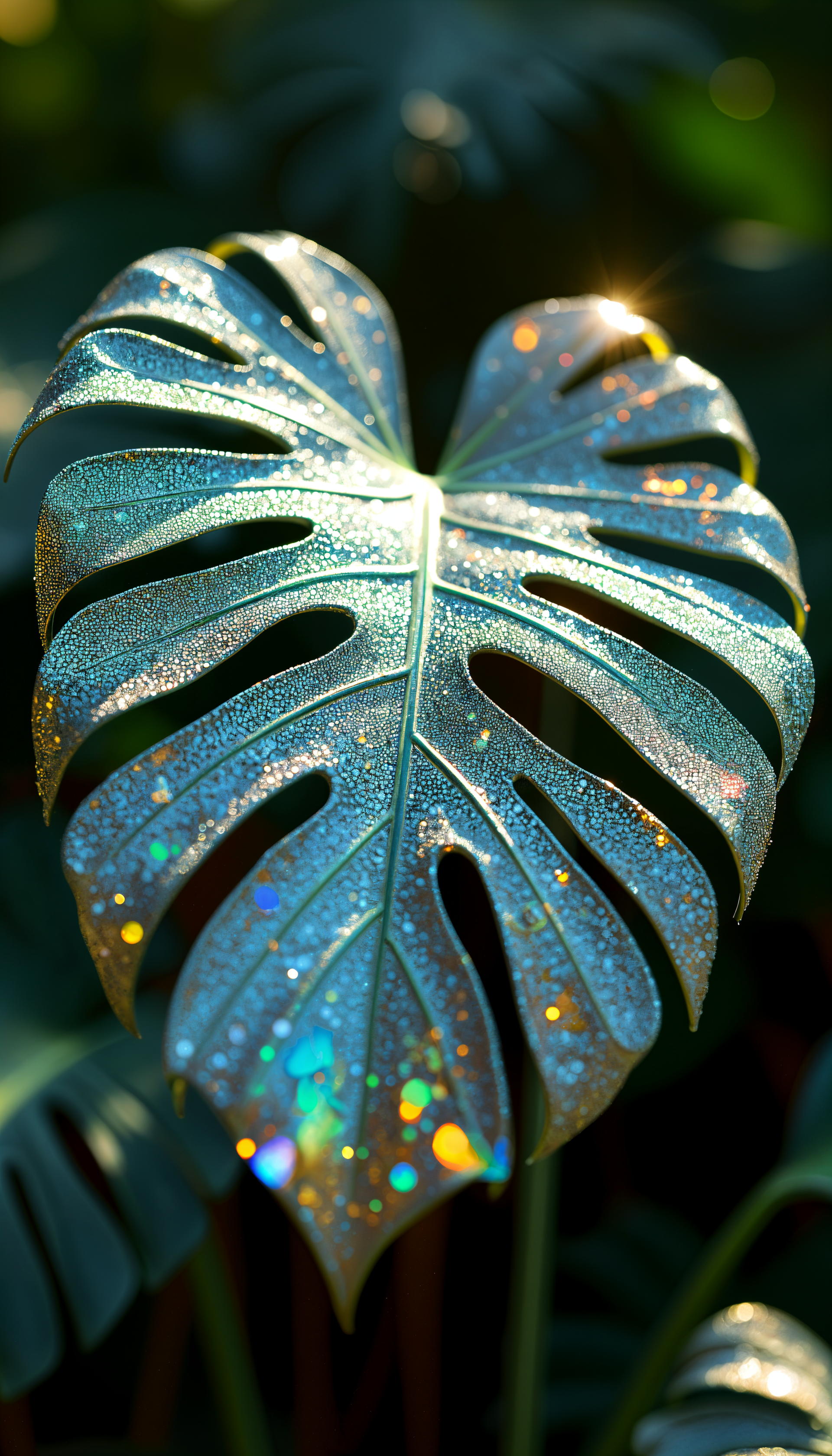 A close-up of a stunning monstera leaf with a shimmering, iridescent sheen and droplets of water, creating a vibrant phone wallpaper backdrop.