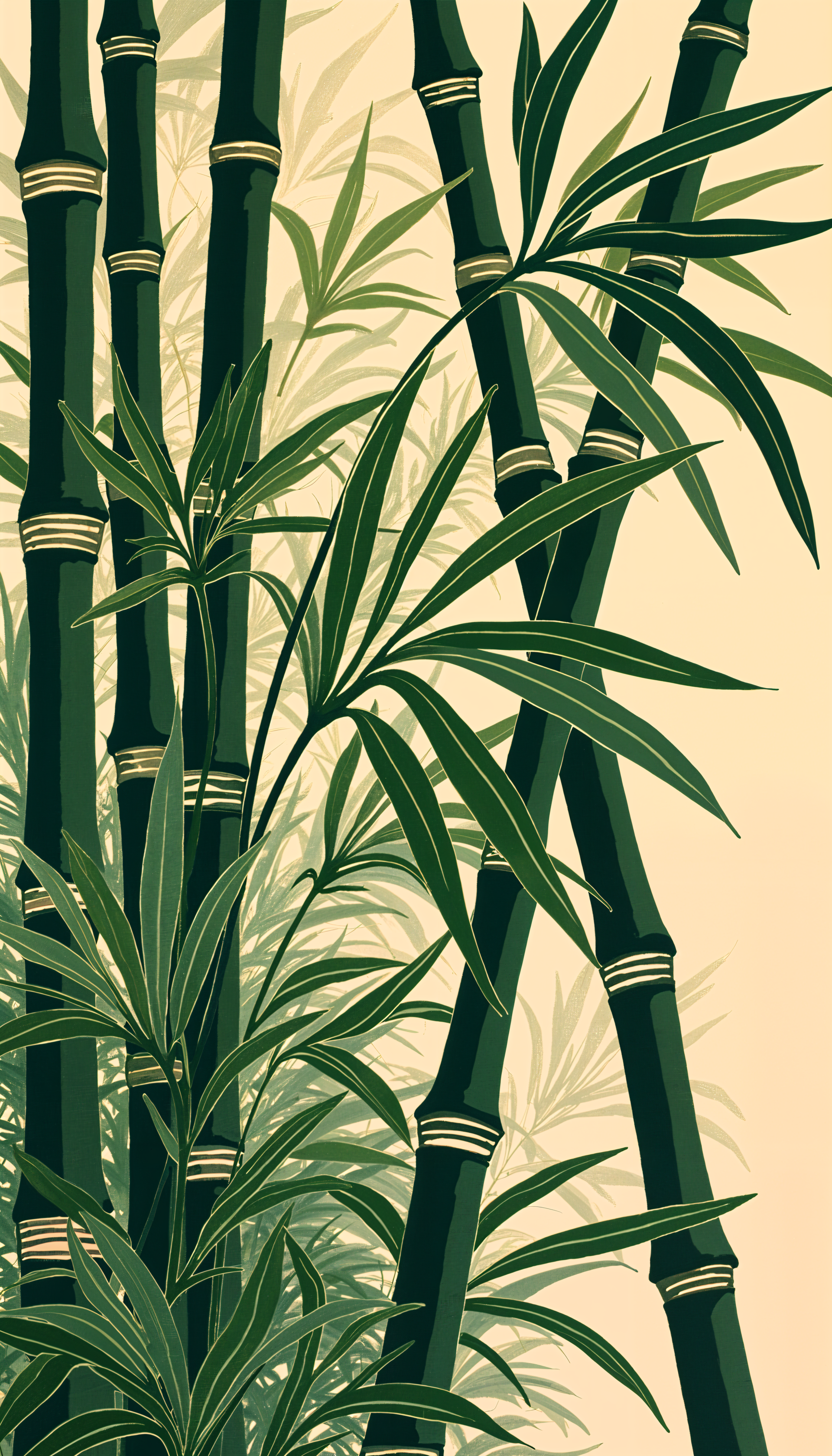 A vibrant phone wallpaper featuring lush green bamboo stalks and leaves against a soft beige background, creating a tranquil and natural atmosphere.