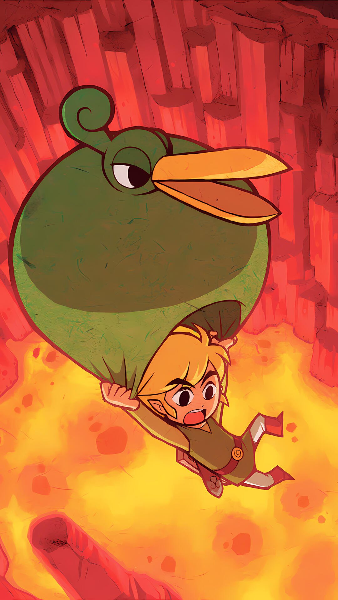 Phone wallpaper for iPhones and Android phones: Link from The Legend of Zelda: The Minish Cap clutching the green, beaked Ezlo cap as he swings over molten lava.