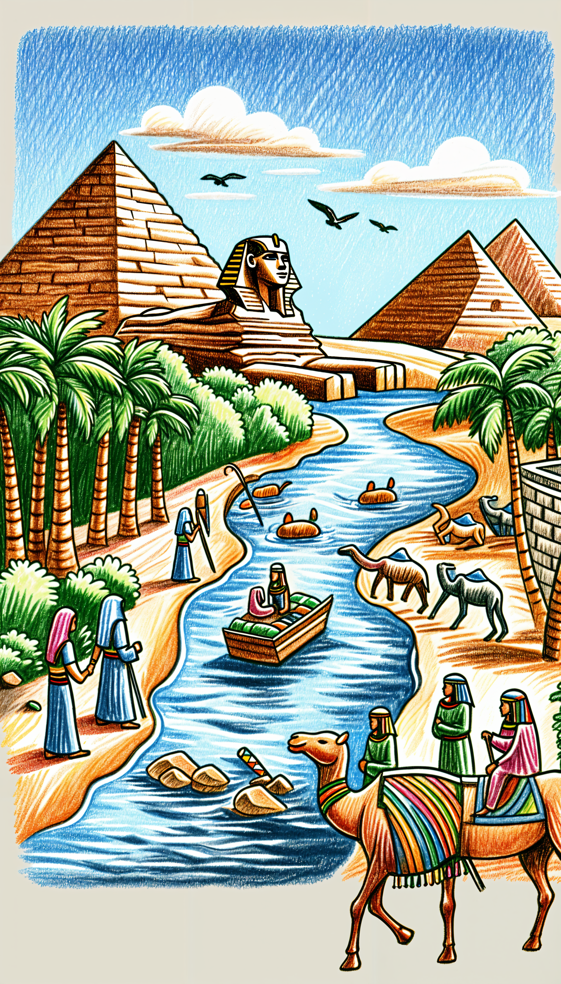 A vibrant phone wallpaper depicting an Egyptian landscape, featuring the Great Pyramids, the Sphinx, palm trees, a river, and people engaging in various activities.