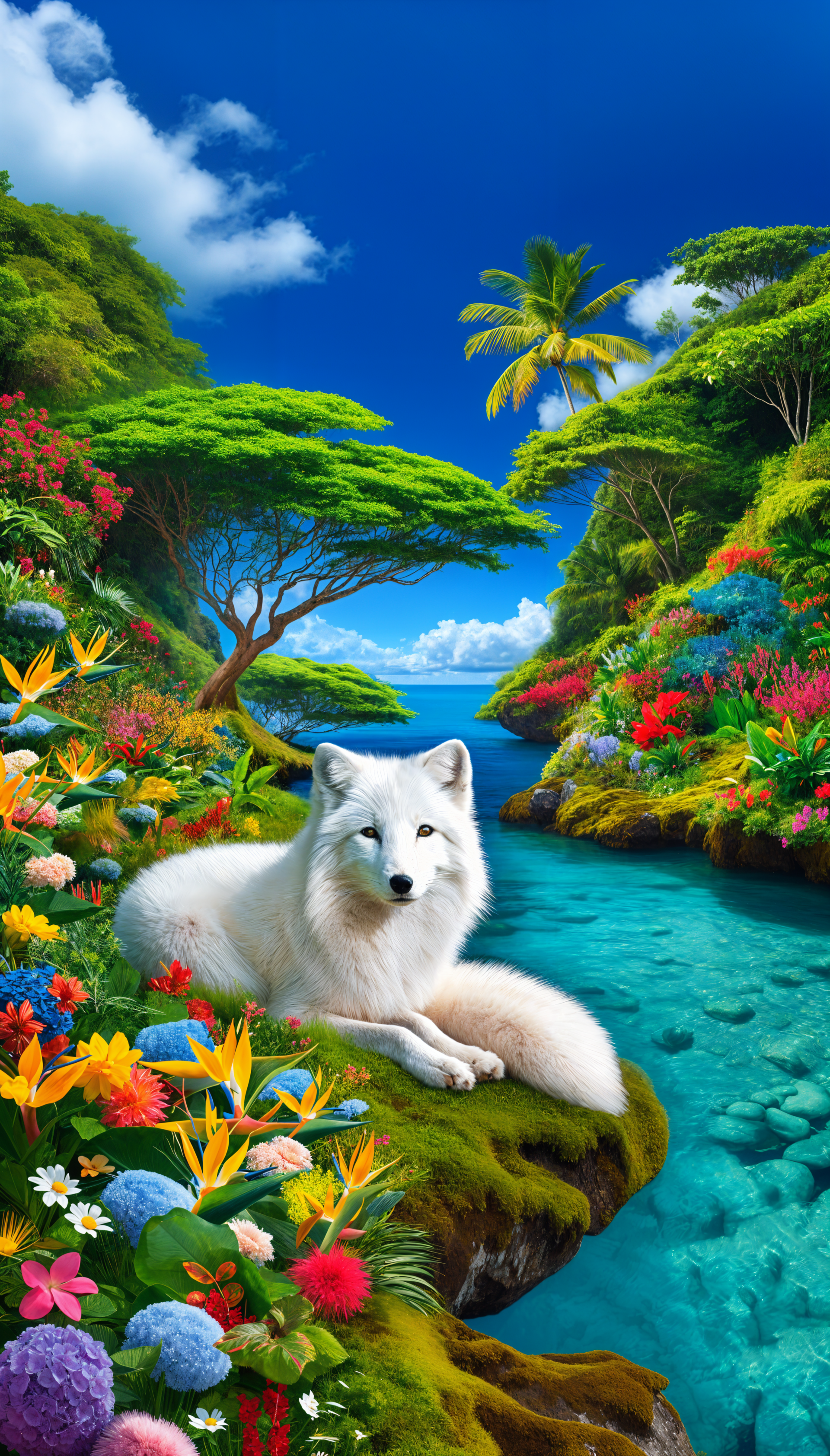 A serene arctic fox rests amidst vibrant foliage and colorful flowers, near a tranquil stream under a bright blue sky, creating a stunning phone wallpaper scene.