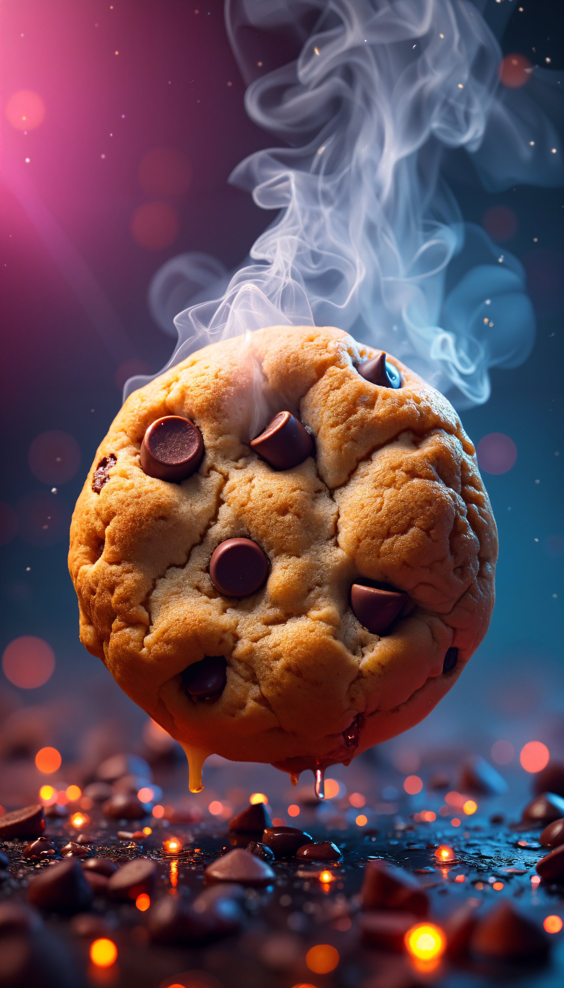 A tantalizing chocolate chip cookie emits wisps of steam, surrounded by glowing chocolate chips on a blurred background, creating an inviting phone wallpaper.