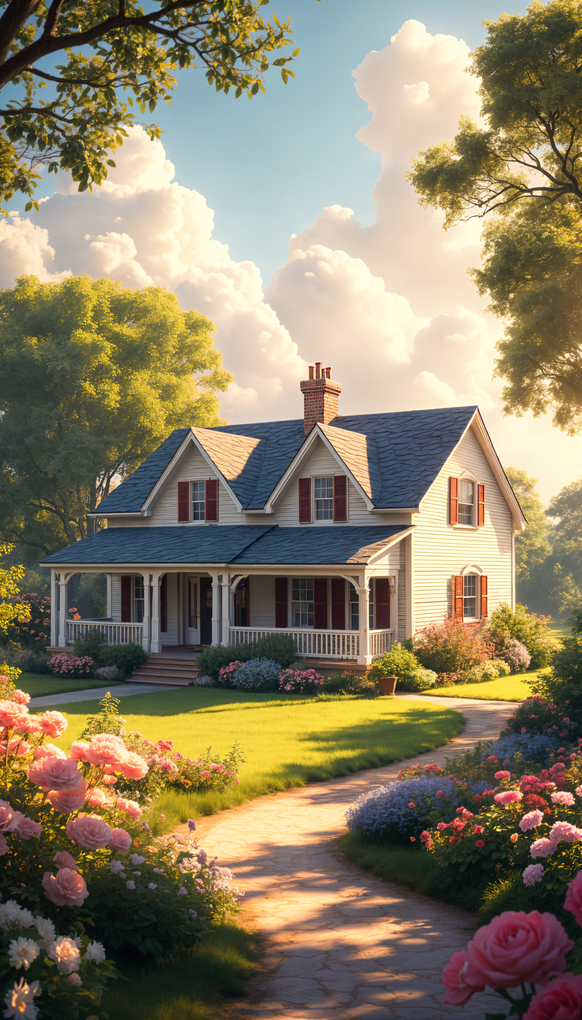 A charming white house surrounded by lush greenery and colorful flowers, set against a backdrop of fluffy clouds and a sunny sky, creates a tranquil and inviting atmosphere.