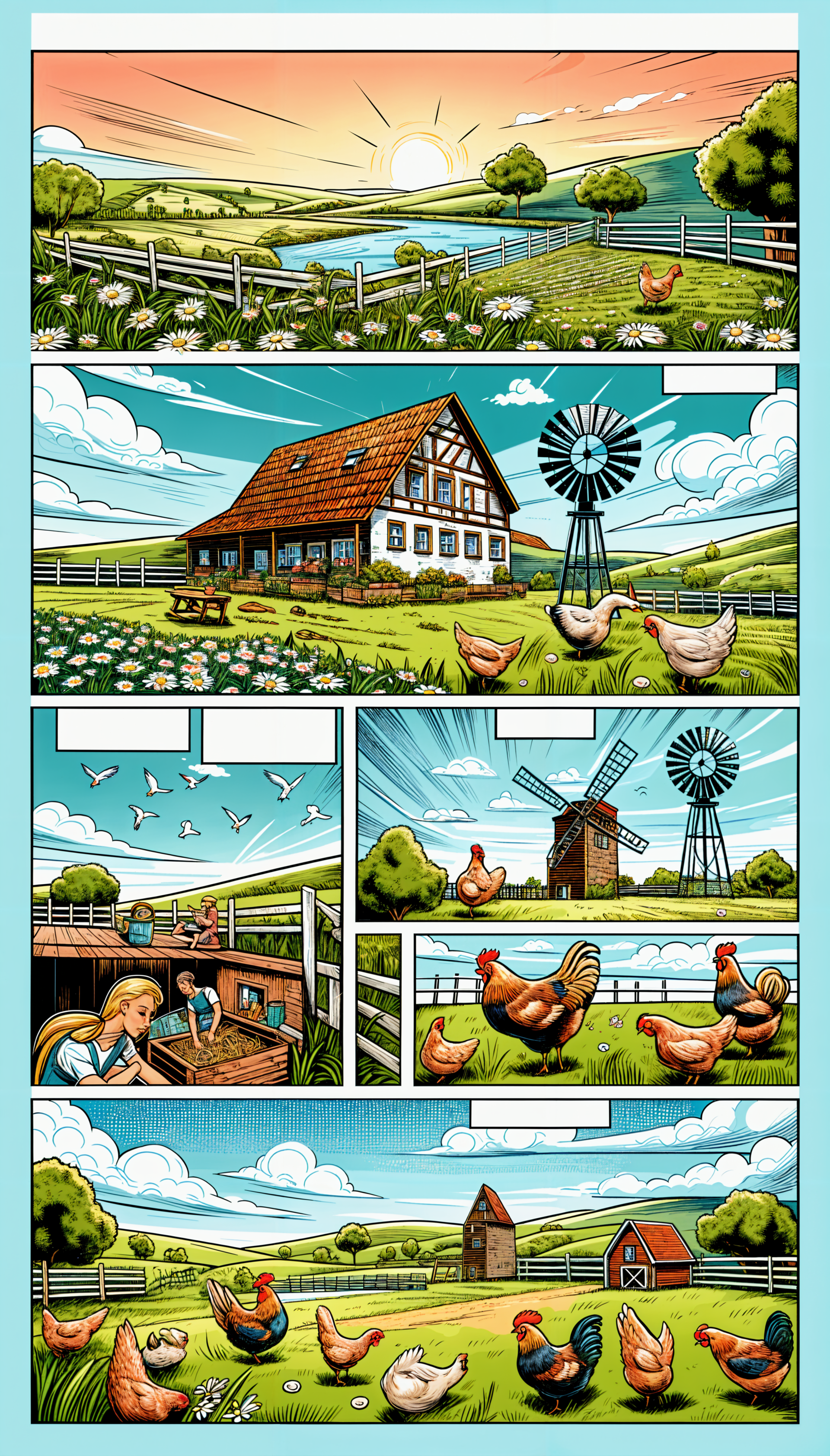 A vibrant illustration of a farmhouse set against rolling hills, showcasing a sunrise, windmill, and chickens, designed as a phone wallpaper.