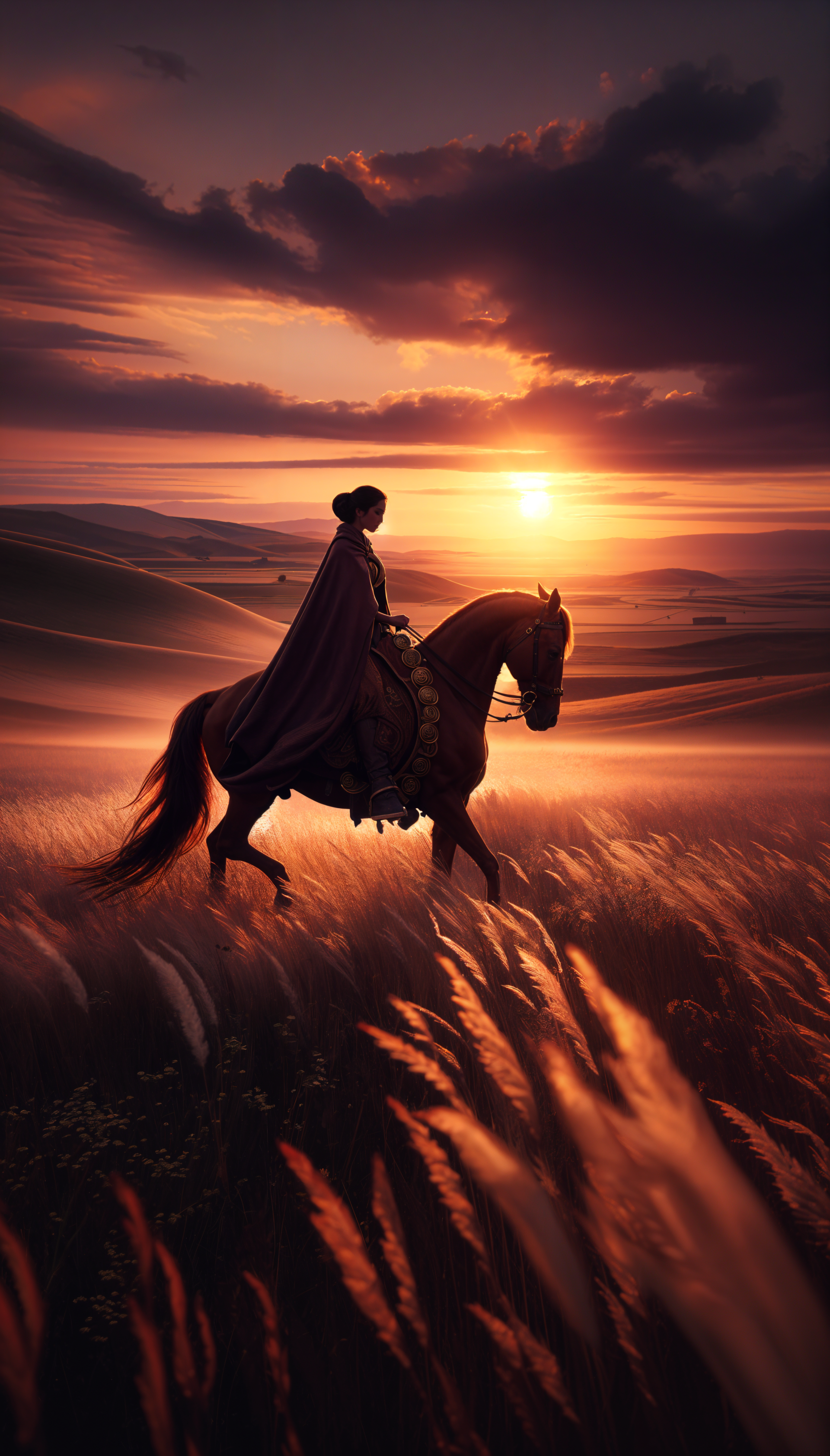 A rider on horseback traverses a serene landscape at sunset, with golden grasses swaying in the breeze, creating a stunning backdrop for a horse riding-themed phone wallpaper.